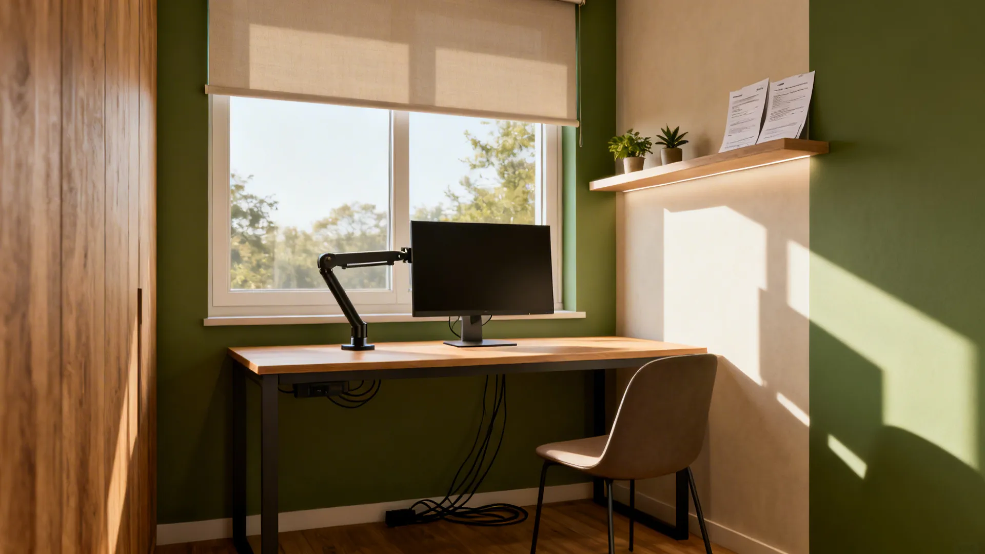 Modern home office with wooden desk computer monitor green walls large window and natural sunlight