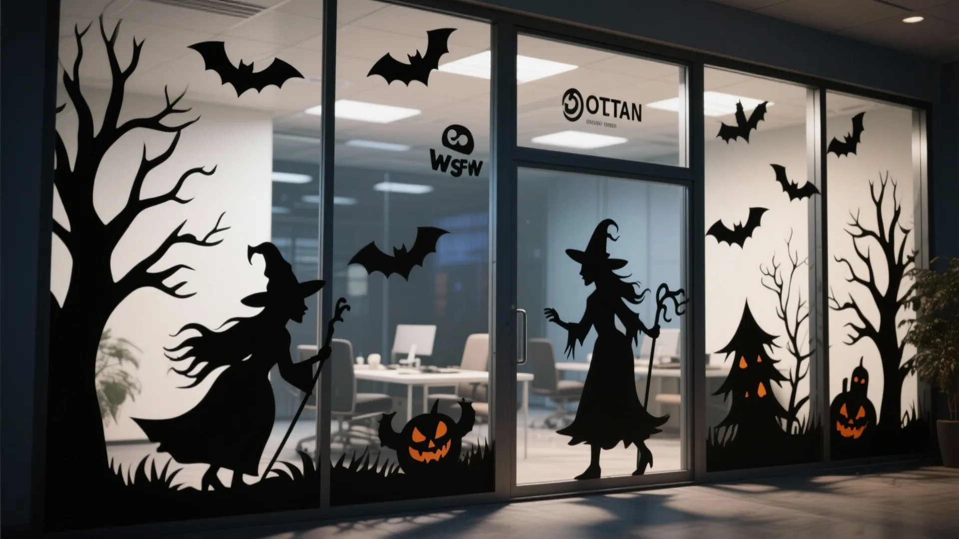 Office glass doors decorated with black stickers of witches bats trees and pumpkins for Halloween