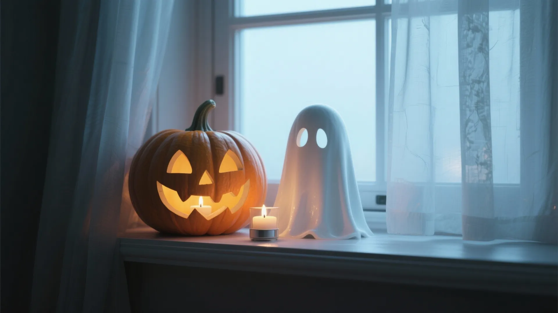 Backlit translucent pumpkins on a windowsill with tea-lights creating ghostly silhouettes.