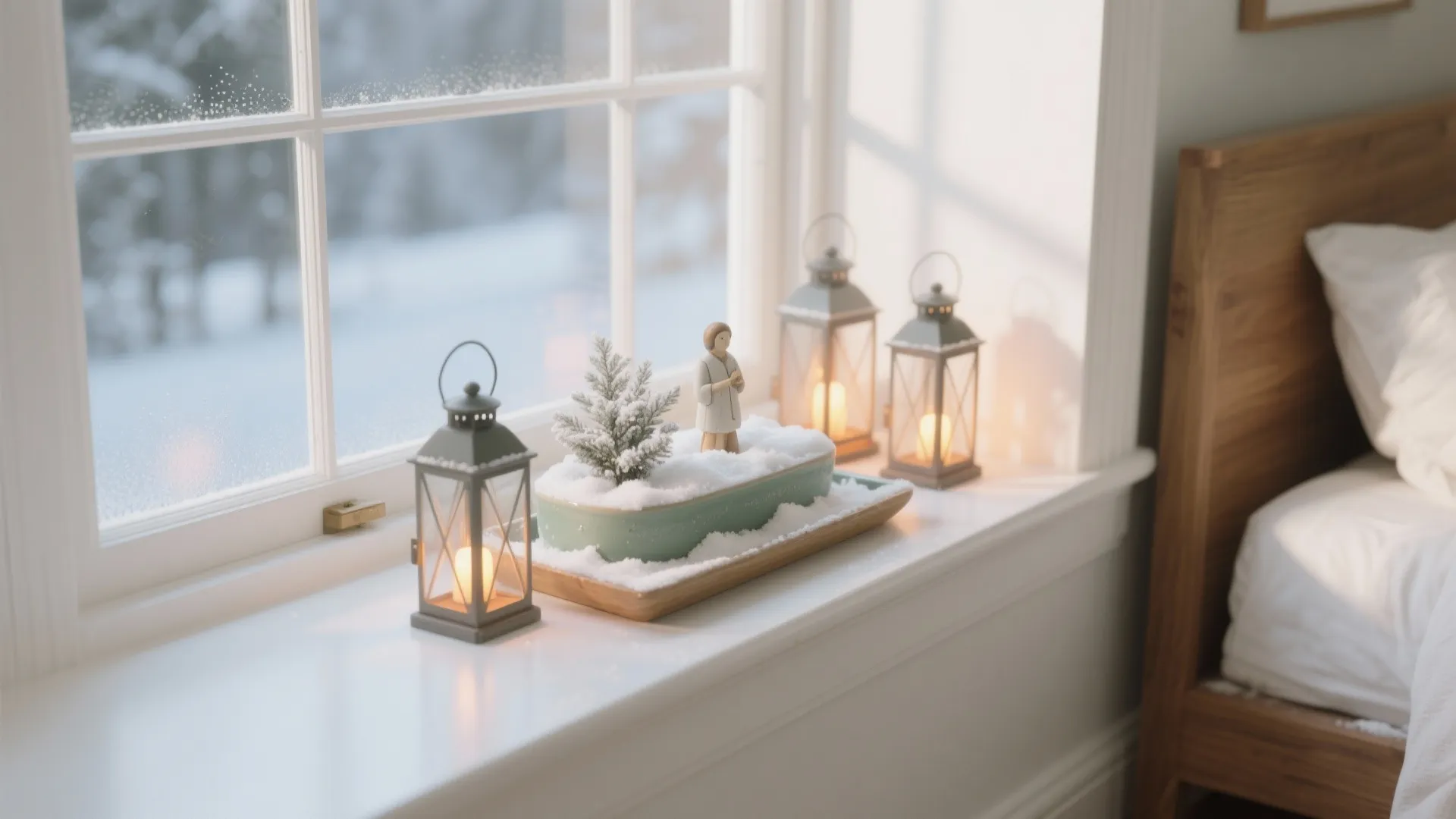 White window sill with Christmas decorations featuring small lanterns a mini tree and winter snow
