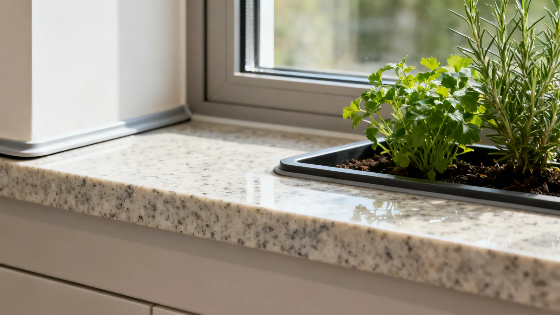 Macro of quartz window sill with planter tray, beveled edge, and clean silicone seam.