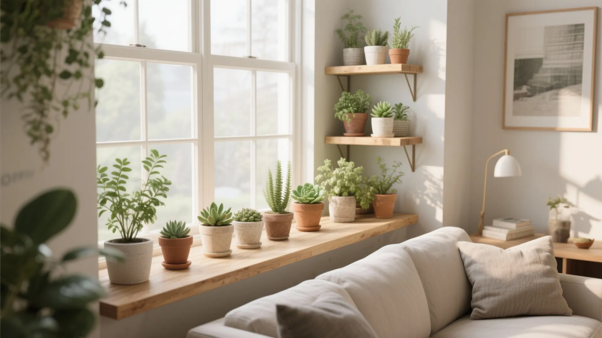 Wooden shelves on window sill with potted plants