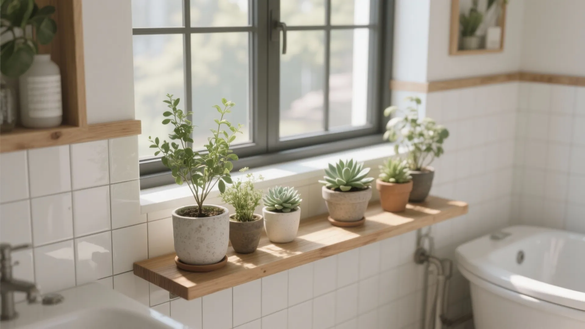 Small potted plants on a wooden shelf near a window in a white tiled bathroom