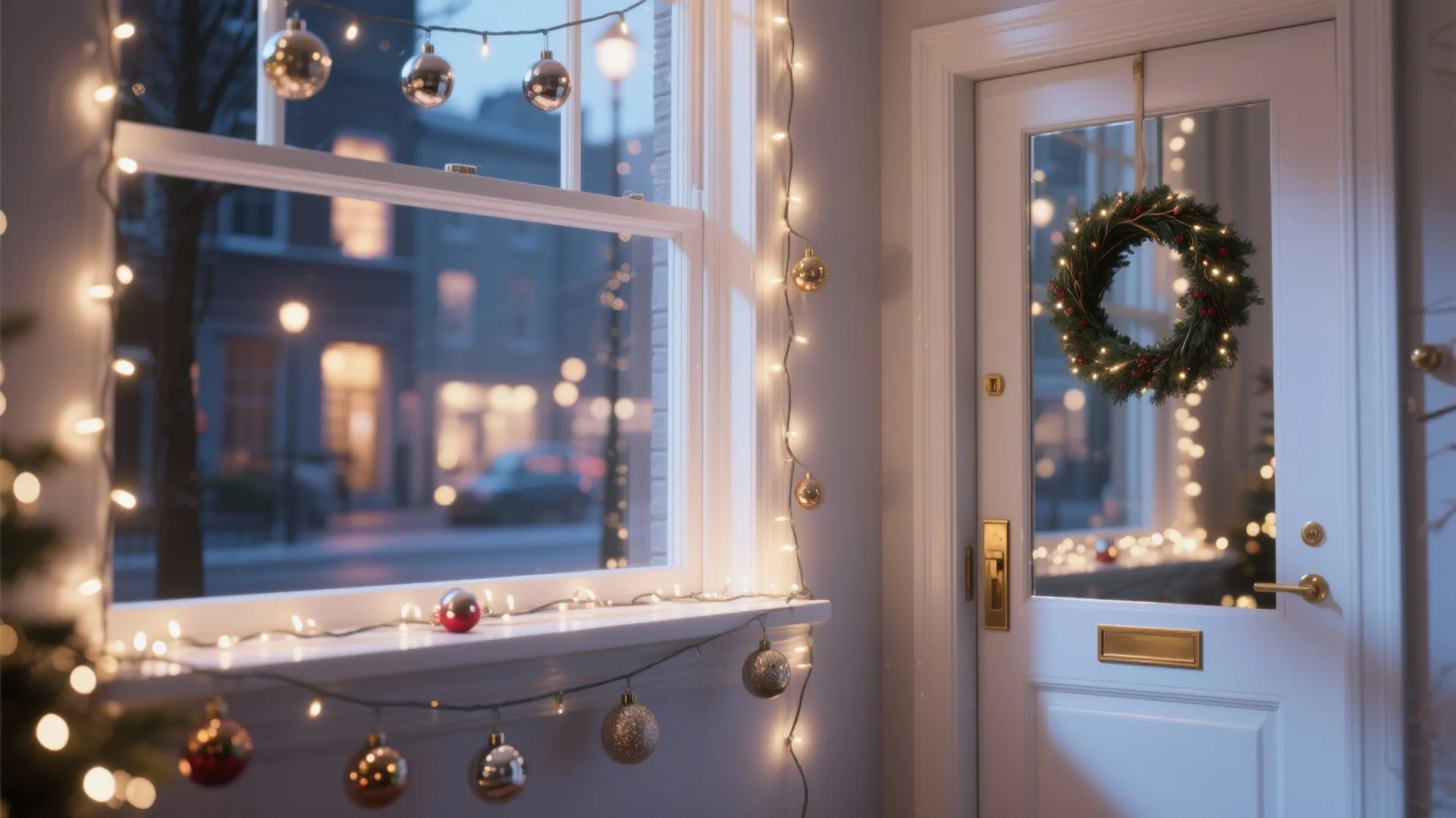 White door with green wreath next to windows decorated with hanging lights and round ornaments