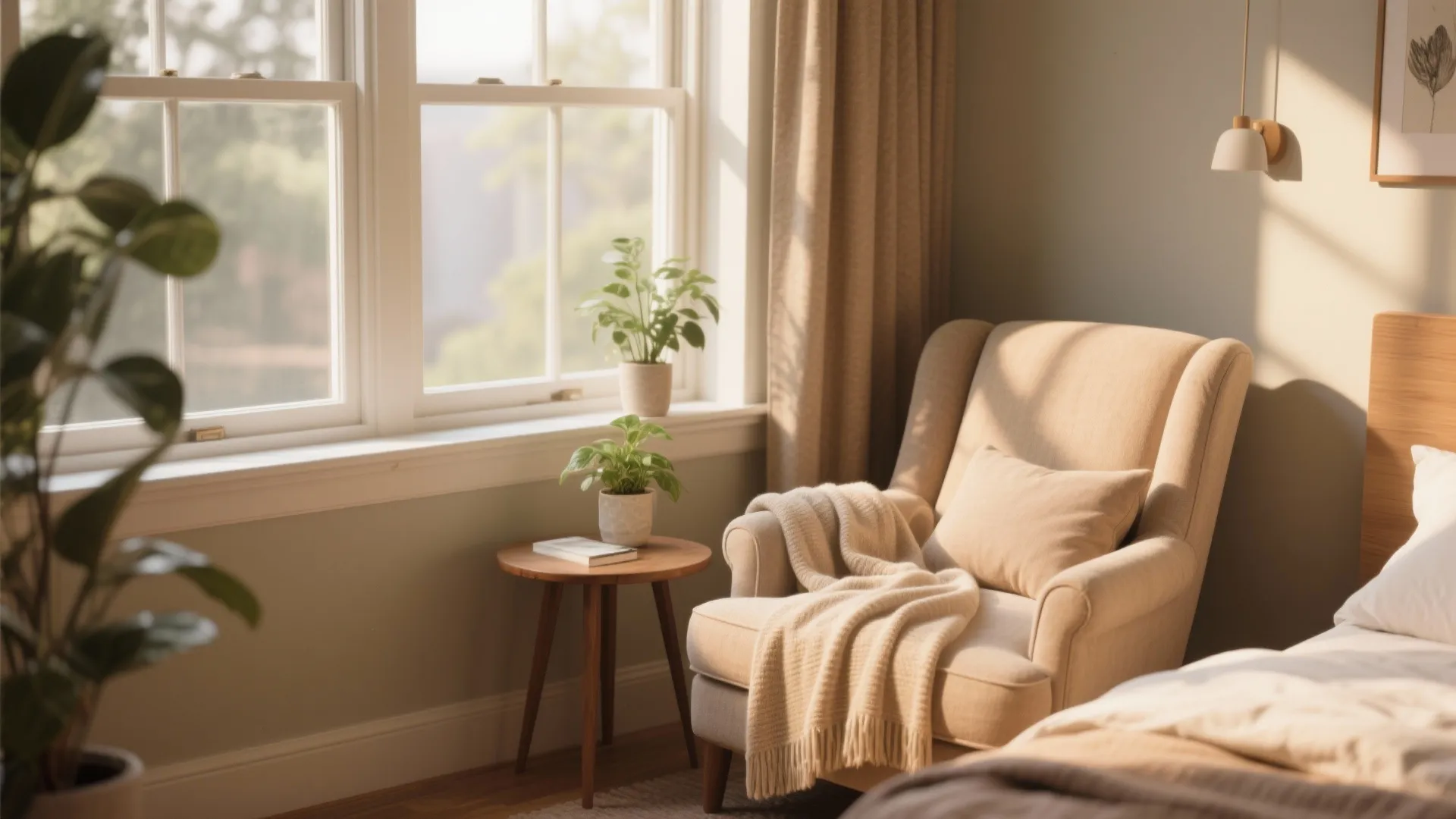 Cozy window nook with chair and side table