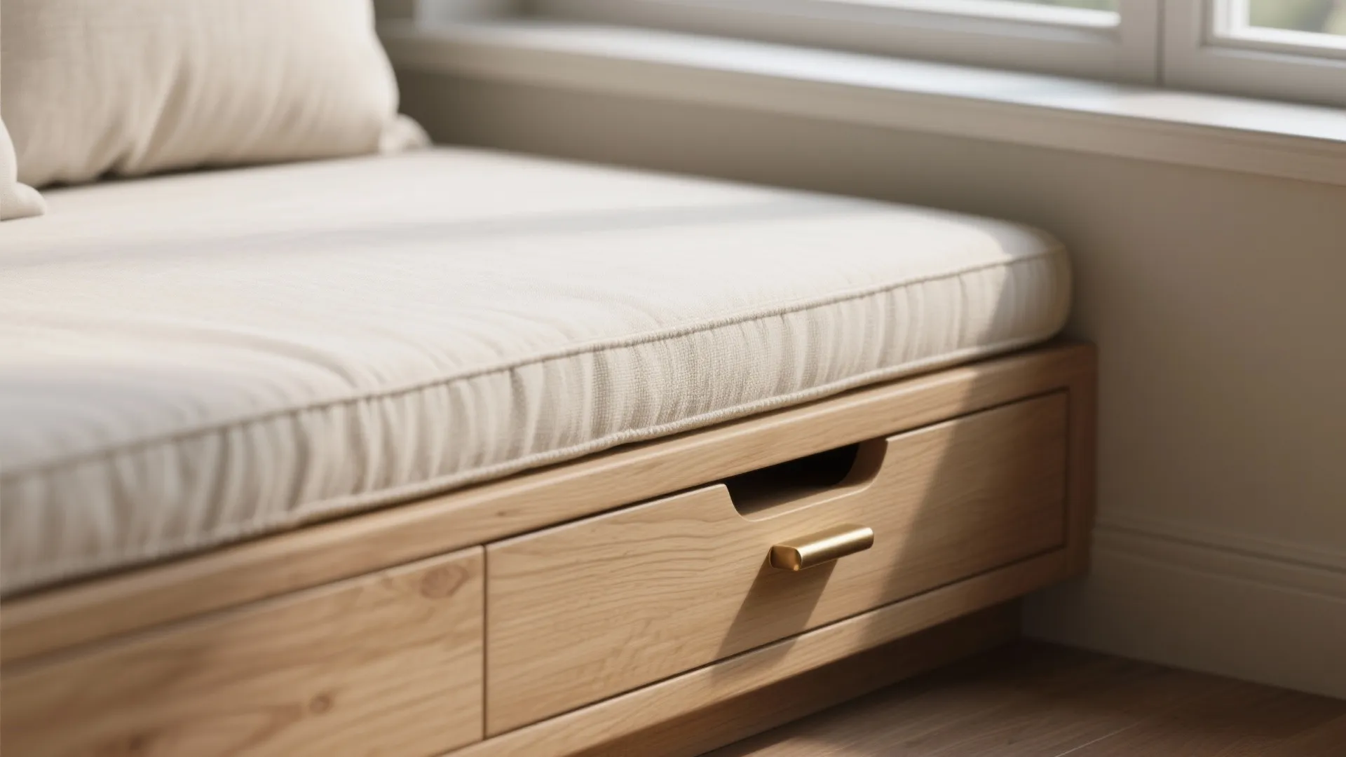 Macro of oak bench edge, linen cushion seam, and matte brass pull showing hidden storage quality.