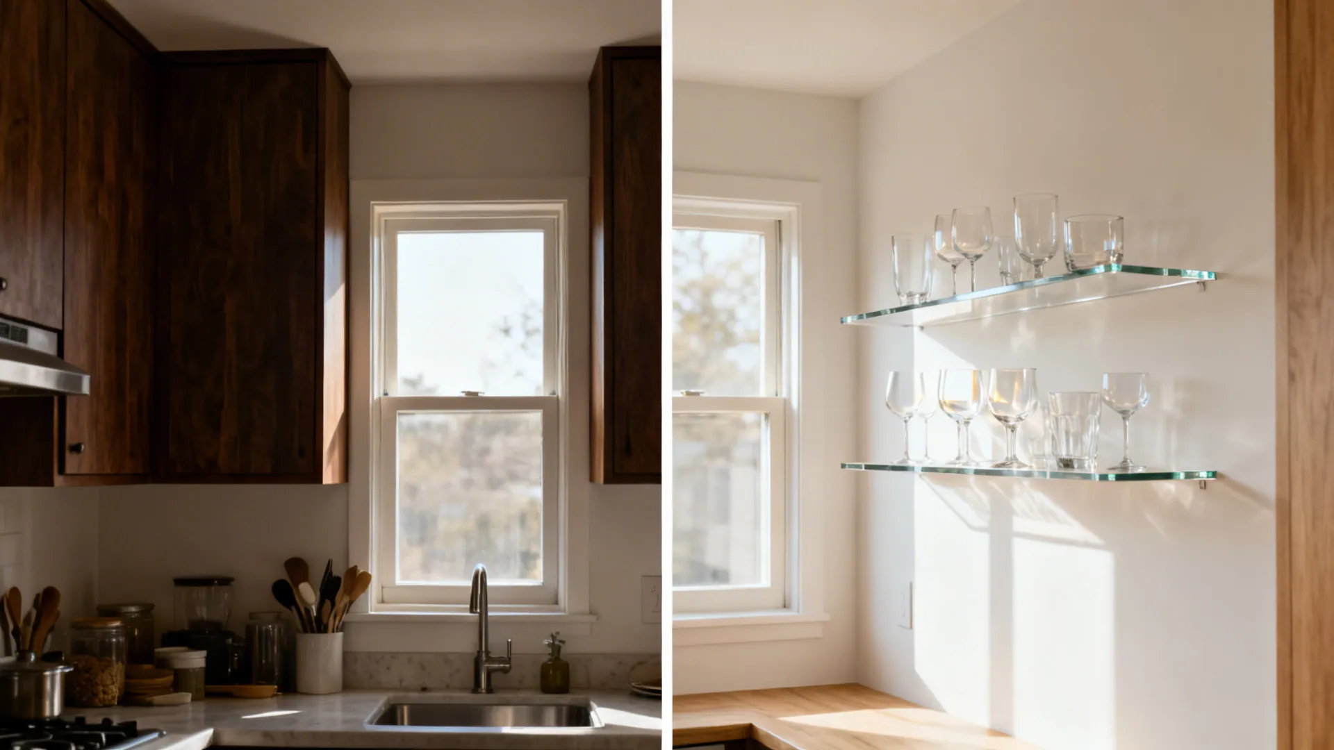 Before-and-after of a small kitchen window wall showing crowded uppers replaced by slim open shelves.
