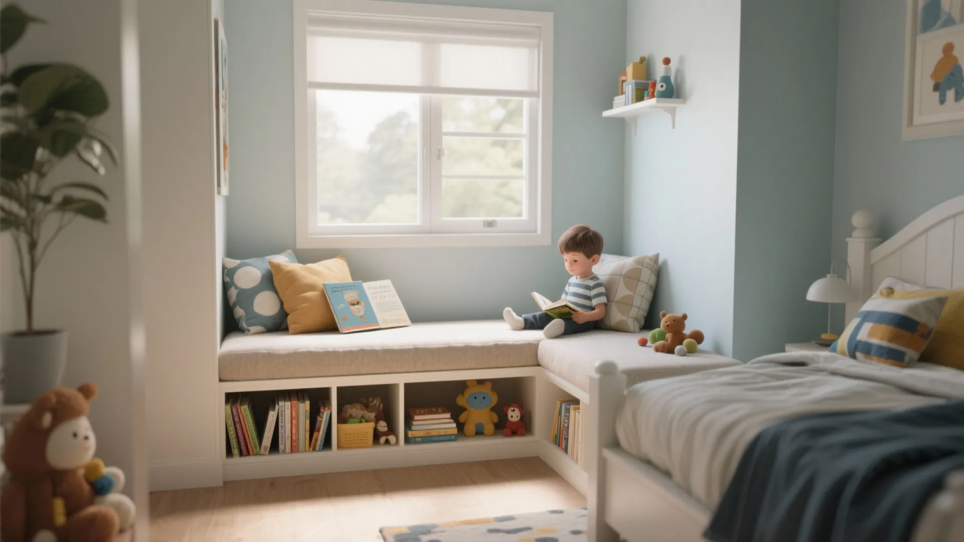 Child sitting on white window storage bench reading book in light blue bedroom with toys