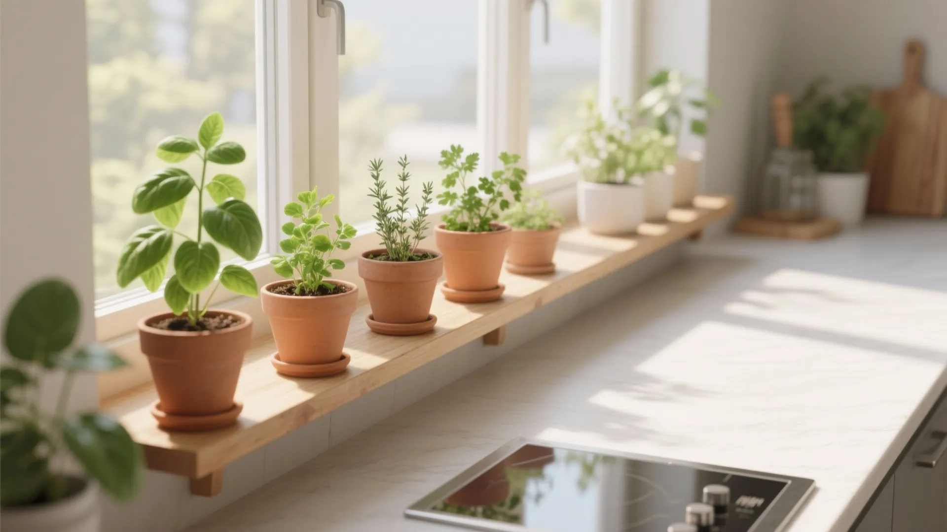 Small herb plants in clay pots sitting on a wooden shelf along a bright kitchen window