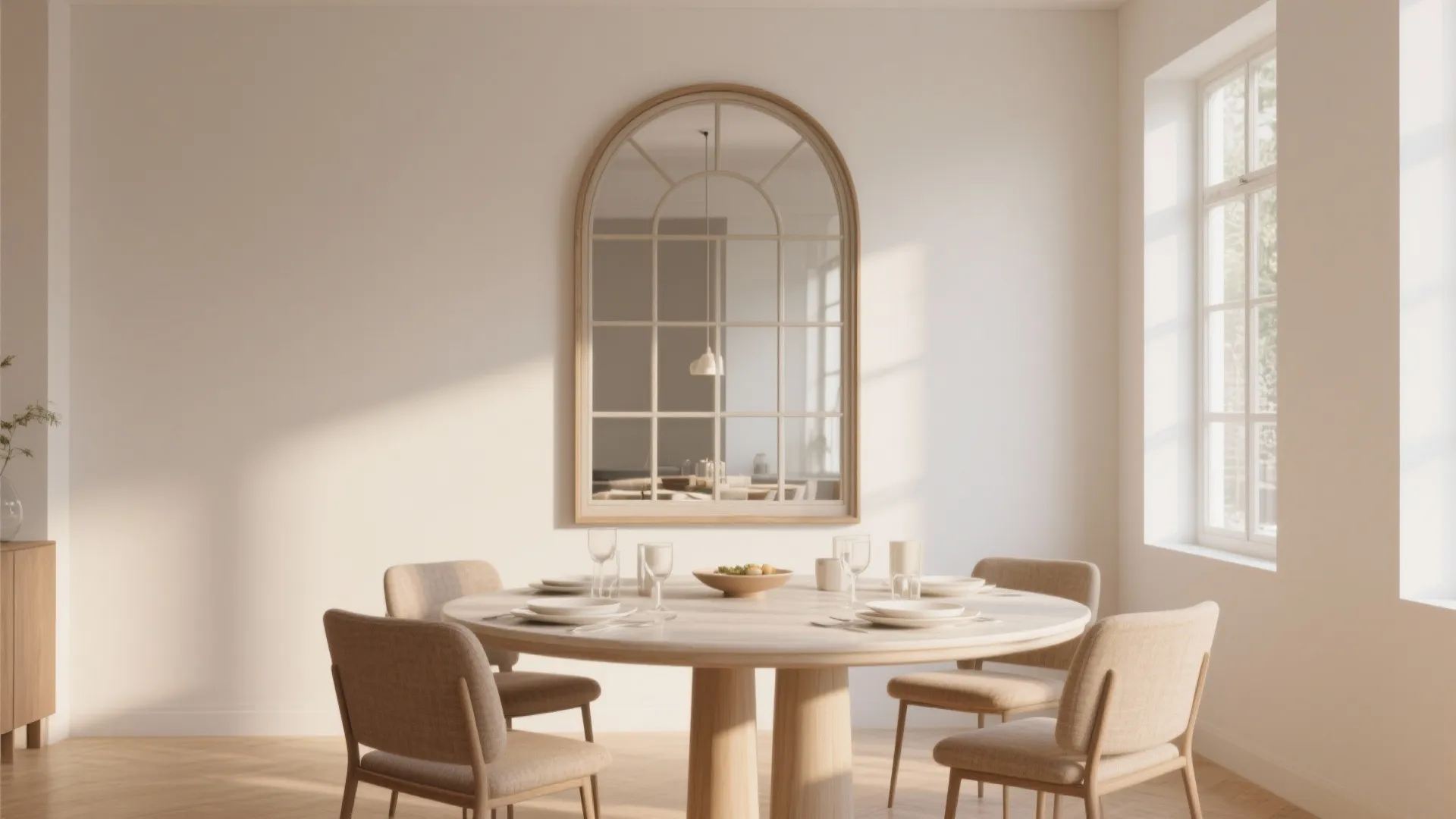 Dining room with round wood table and arched window style mirror on white wall background