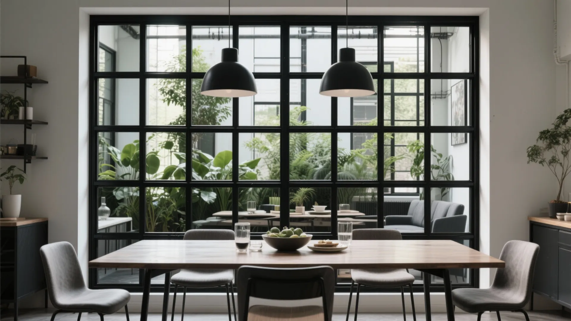 Window-style mirror adding architectural charm to dining
