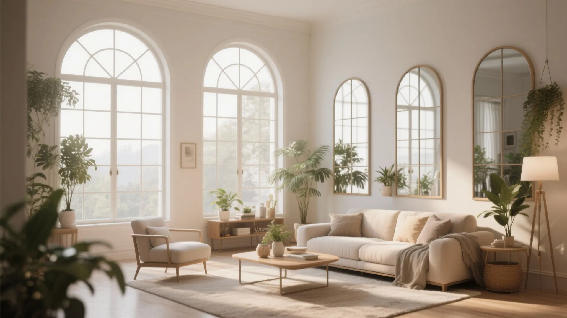 Living room with arched window-style mirror frames