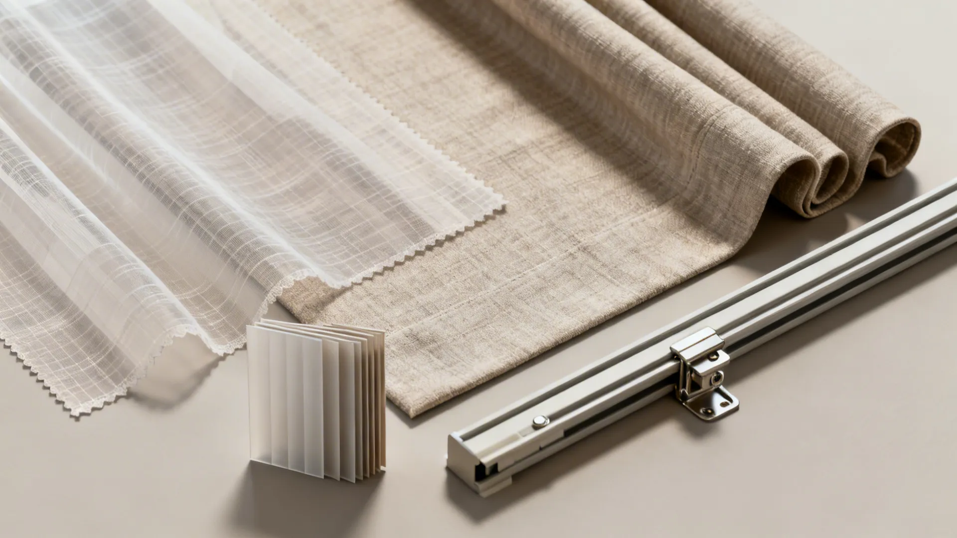Flatlay of sheer and opaque fabric swatches and track hardware for layered window treatments