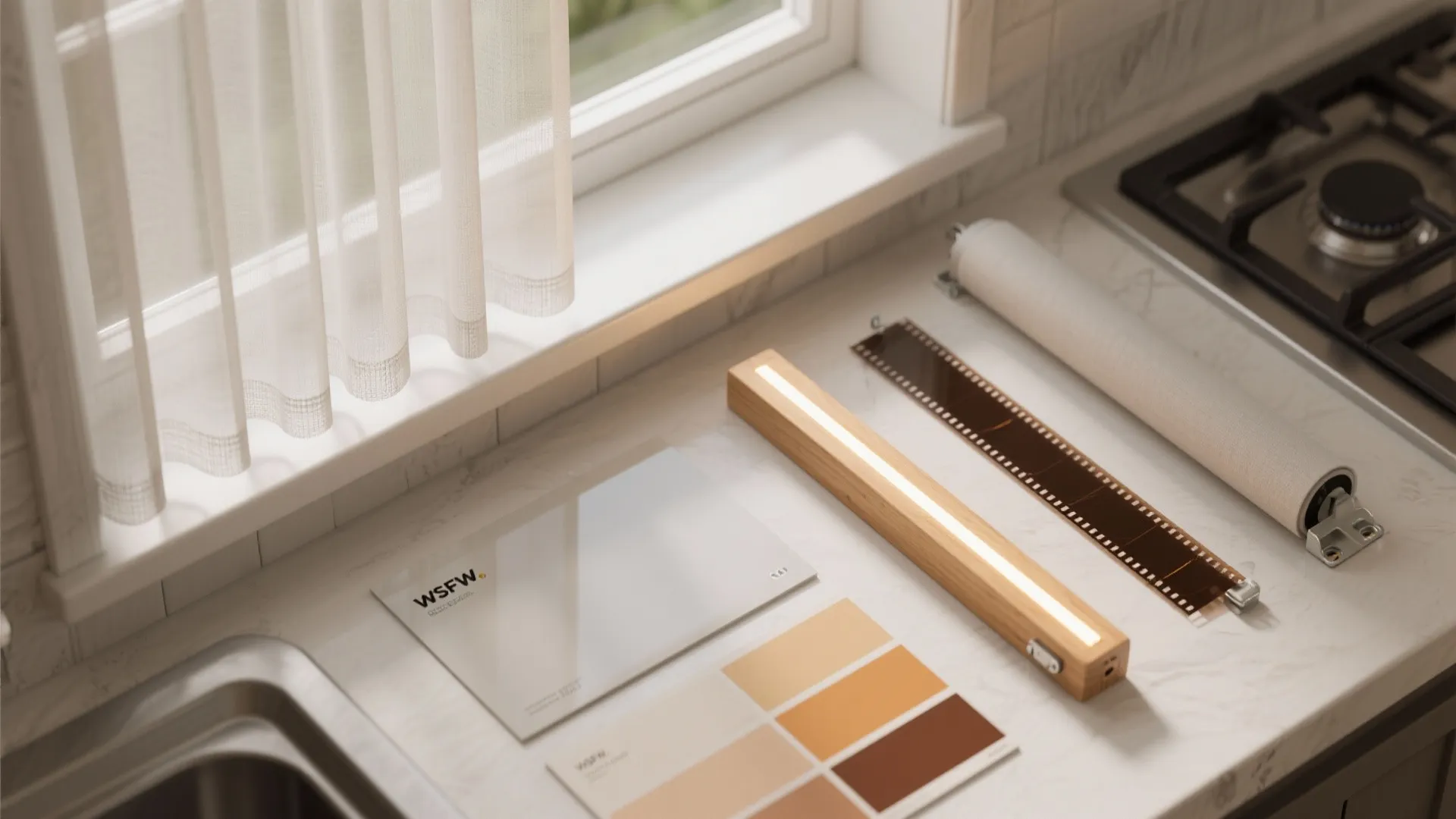 Kitchen counter displaying a wood light fixture color samples and white curtain by a window