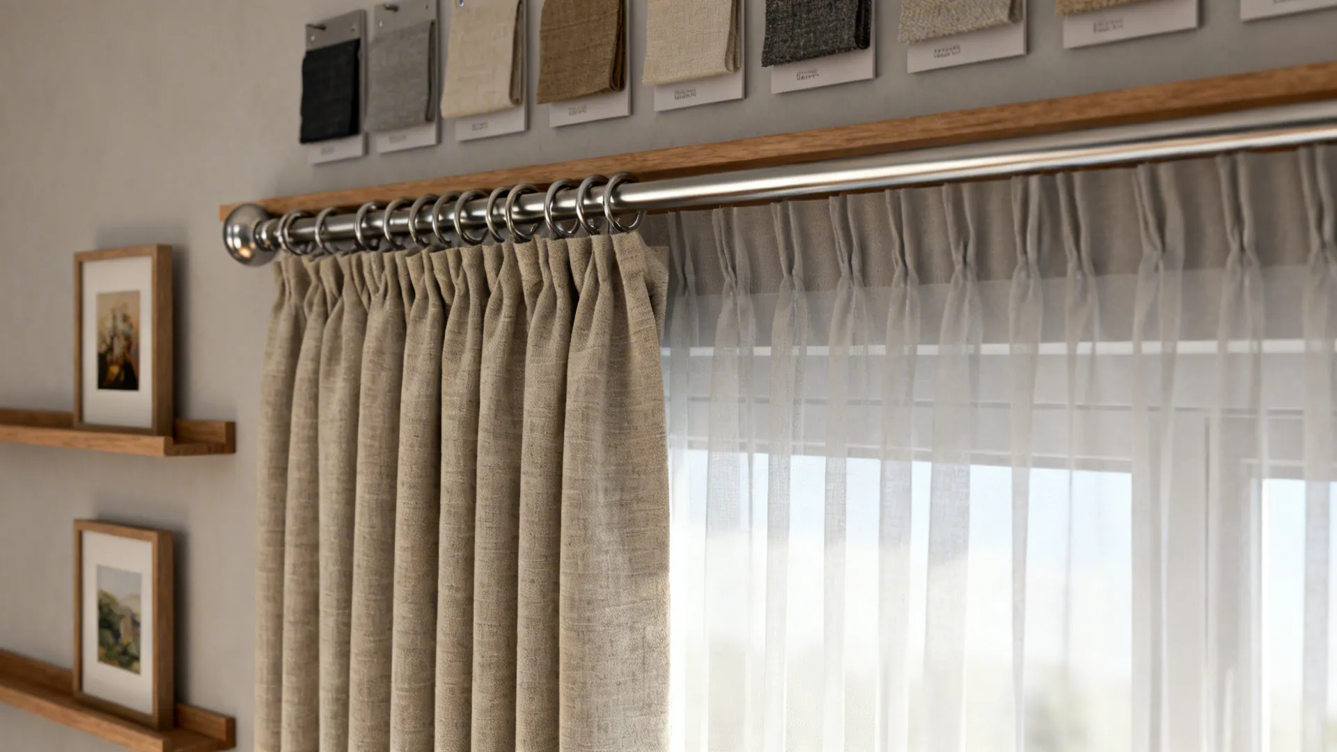 Layered sheer and heavy curtains with slim picture ledges displaying small art in front of a window.