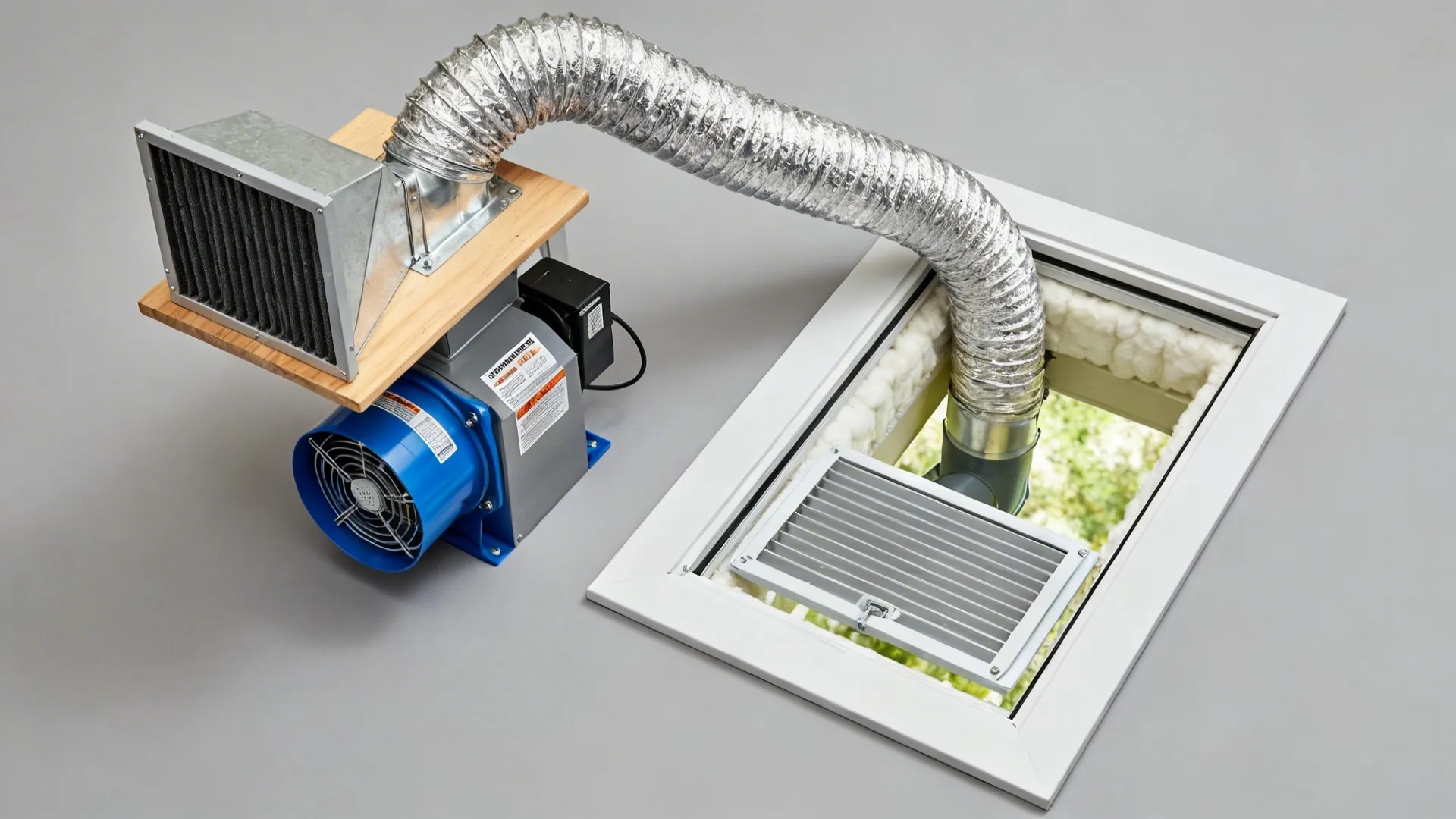 Top-down view of a short duct to an inline fan connected to an insulated window insert.