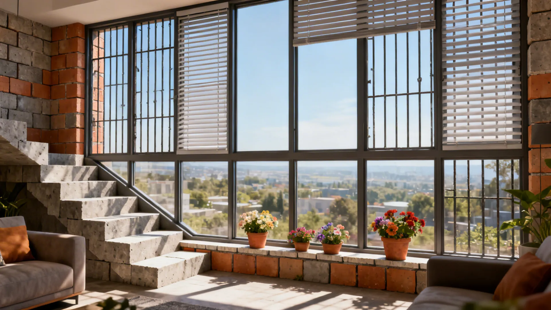 Large framed window panes with flower pots overlooking the outside from a Minecraft living room.