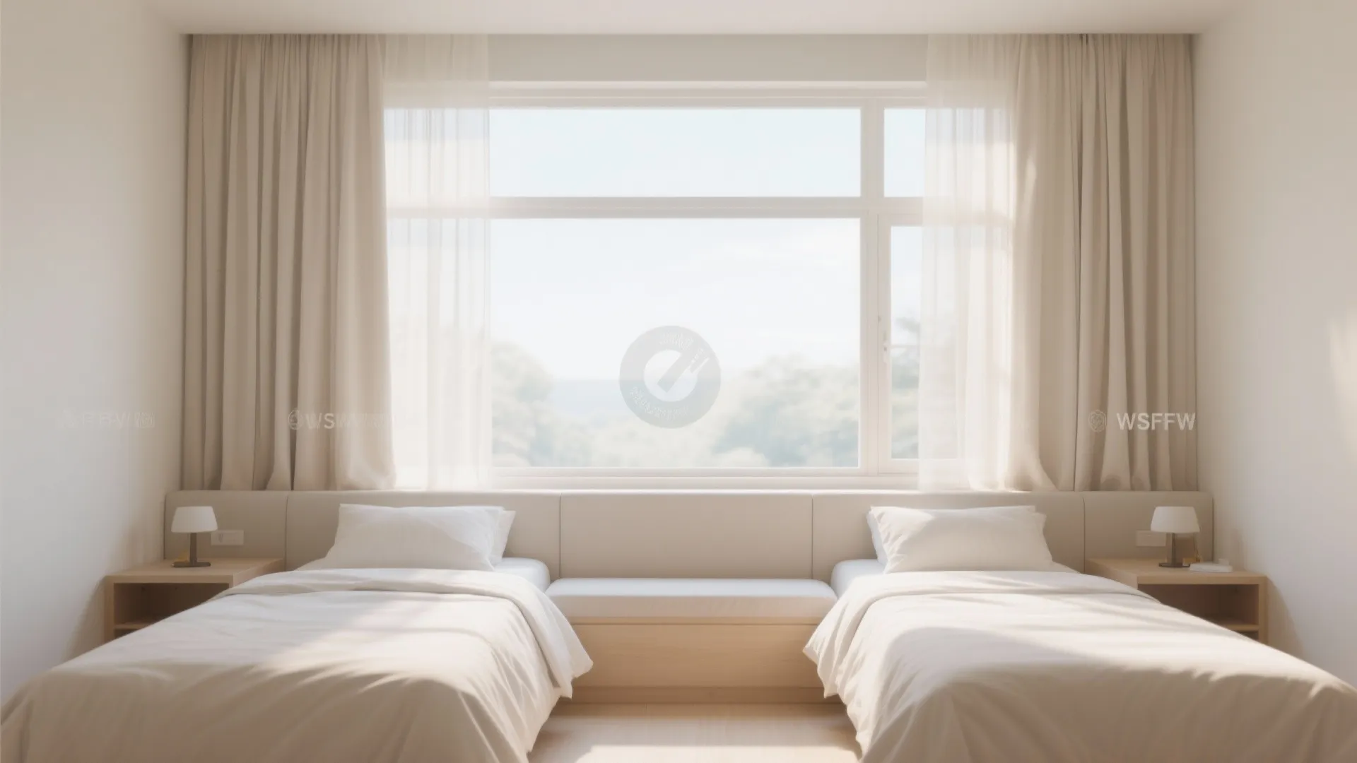 Two single beds placed against a large window with white curtains and warm natural light
