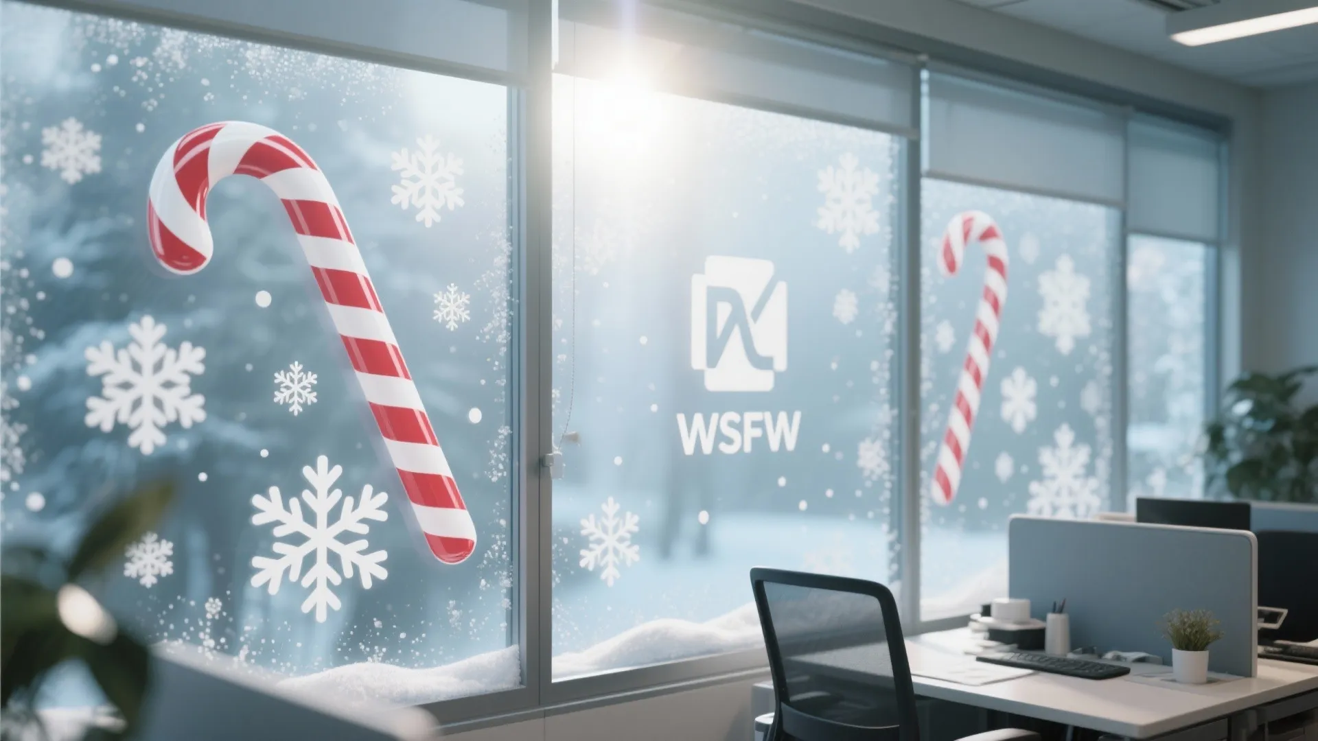 Office window with candy cane and snowflake decals