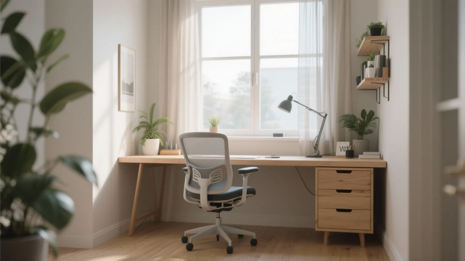 Bright minimalist home office with wooden desk grey chair large window and small green plants