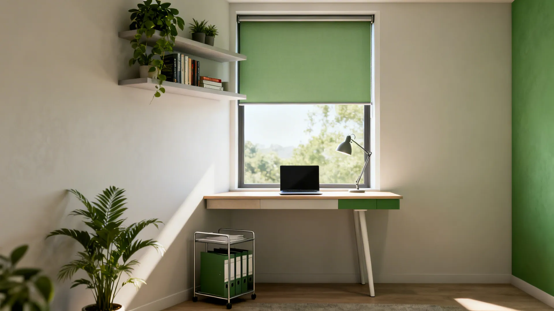 Floating window-side workstation with a roller blind, shelf above, and a slim filing cart below.