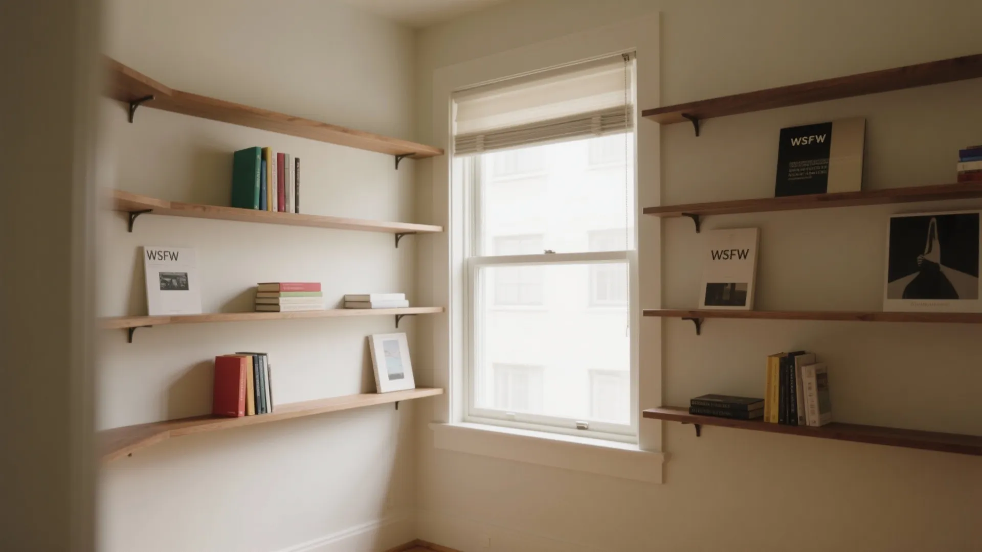 Minimalist home office corner with wooden wall shelves holding books and pictures next to window