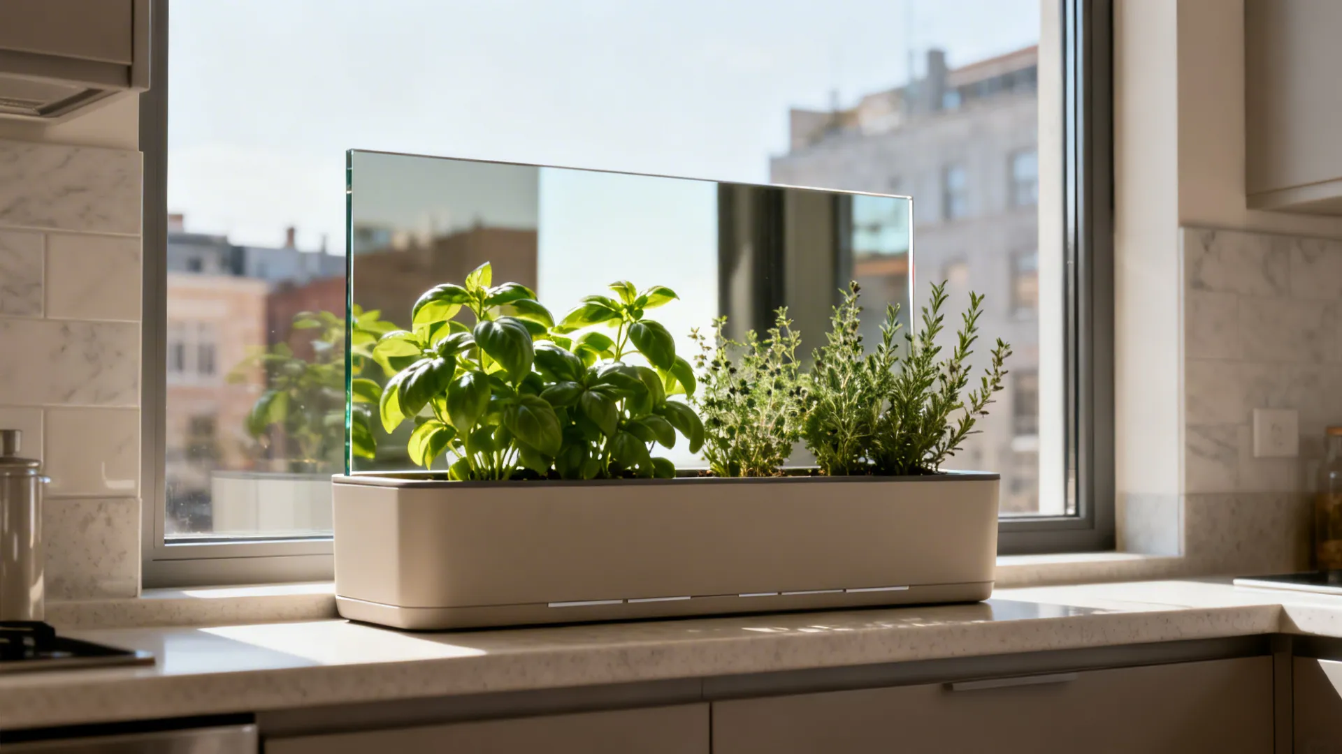 A slim window box with a reflective acrylic back boosts light for compact herbs.