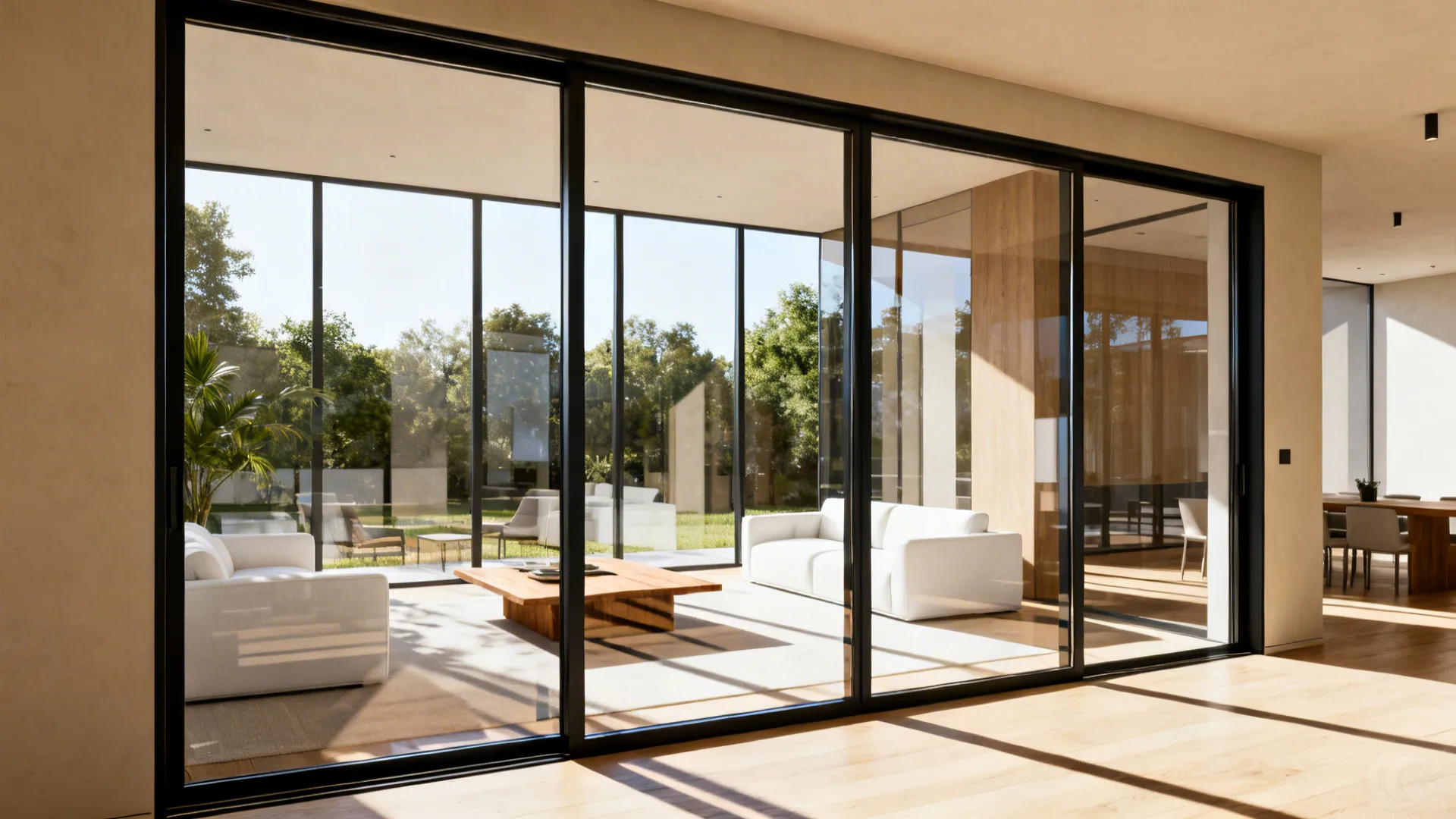 Interior glazed cut-out with slim frame sharing natural light between kitchen and living room.