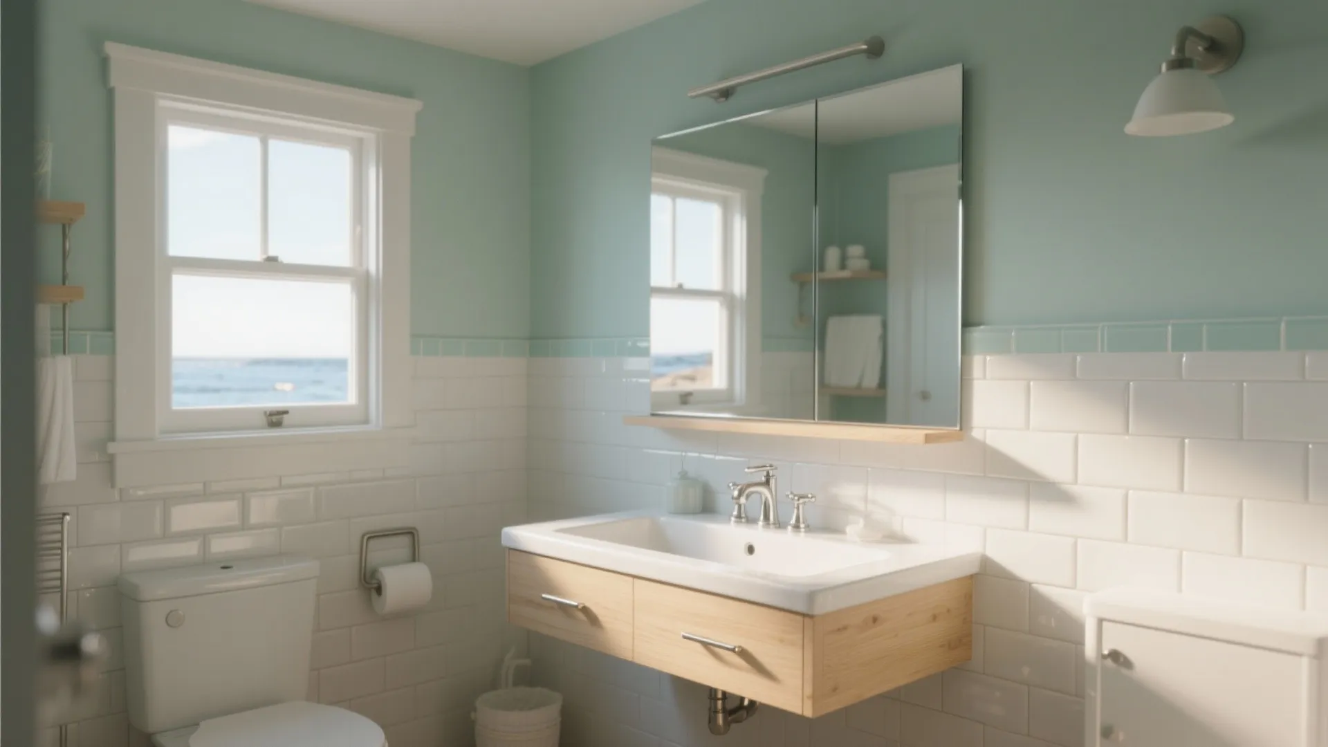 Bright bathroom with mint green walls white tiles wooden cabinet mirror and a large window
