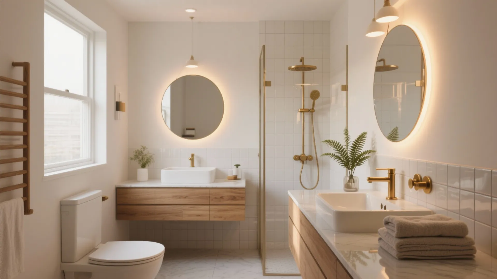 Modern bright bathroom featuring white double sinks wooden cabinets gold faucets and round glowing wall mirrors