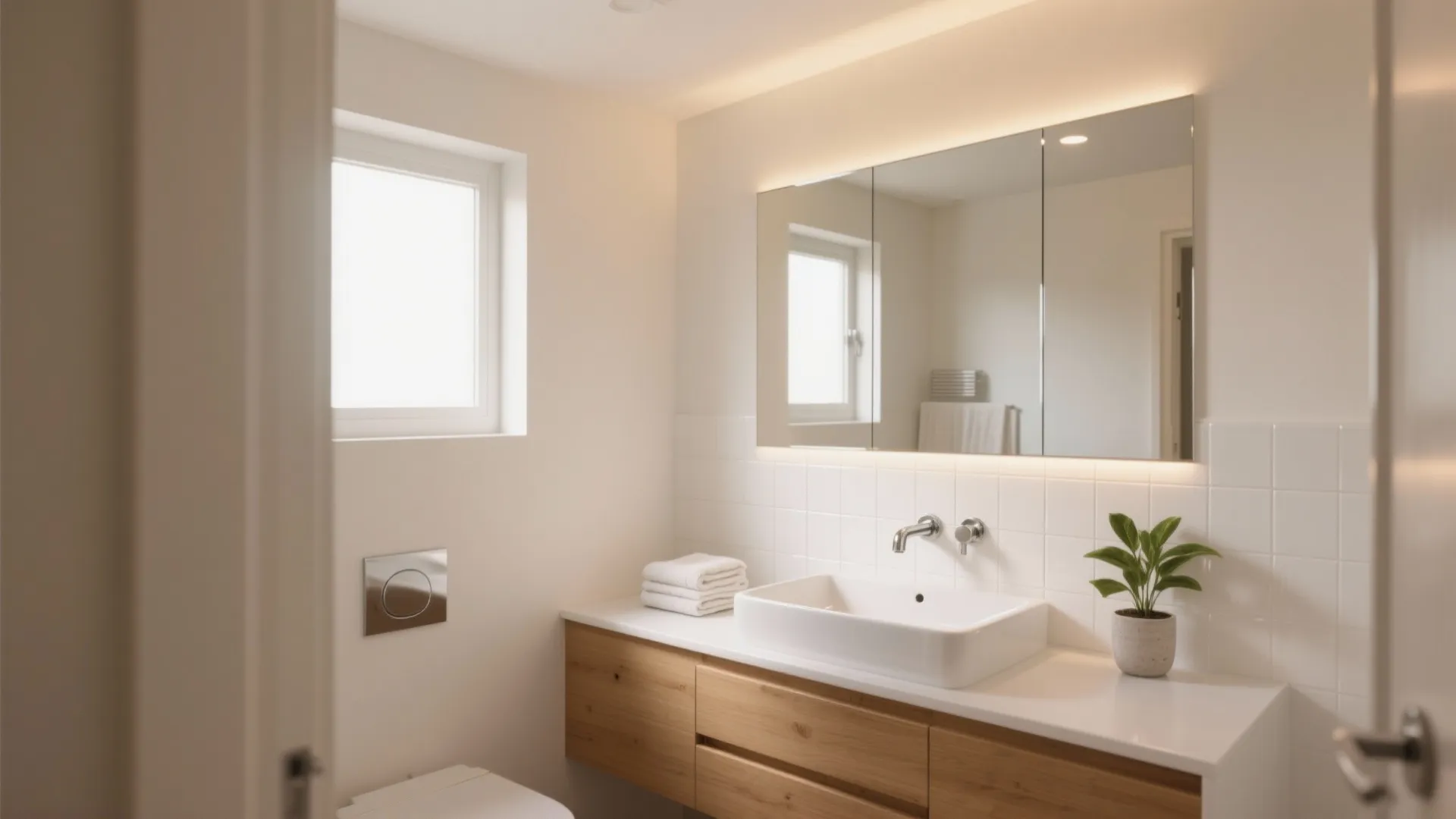 Modern bathroom with wooden cabinet white sink large mirror wall tiles and small green potted plant