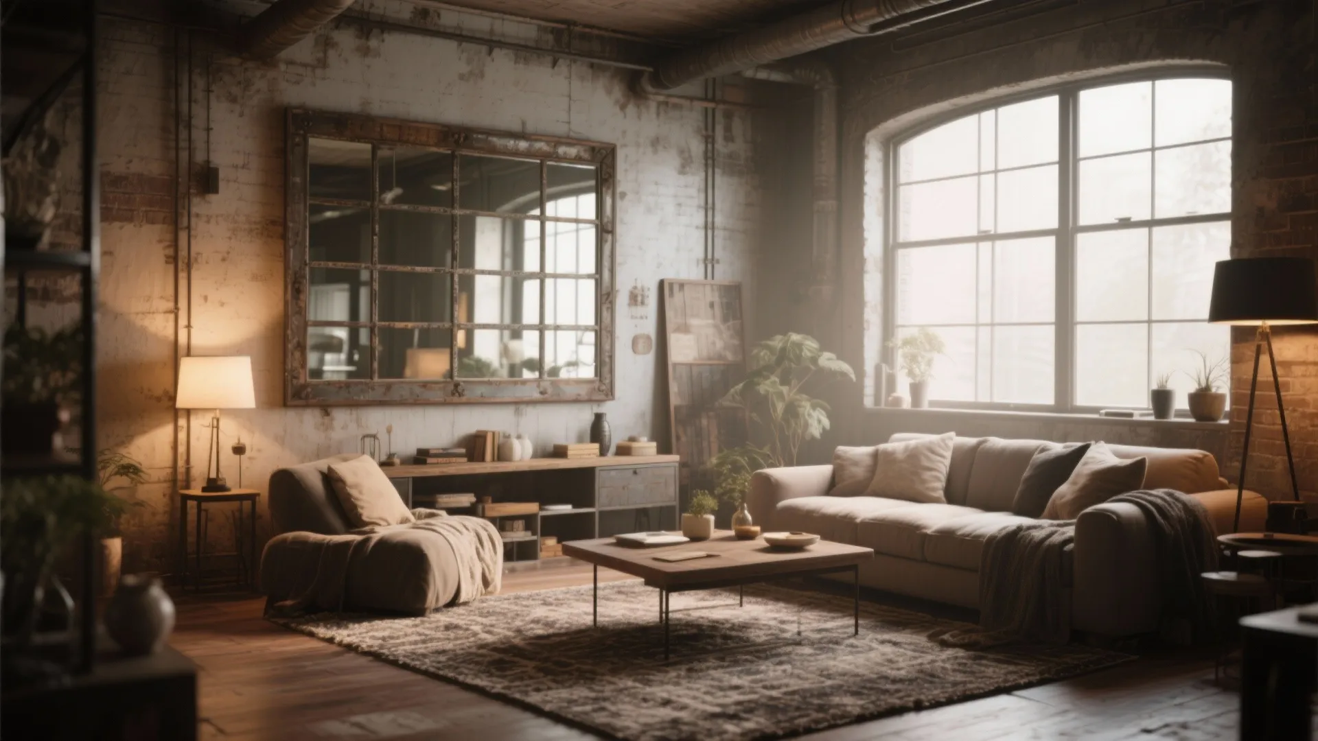 Windowpane-style mirror adding depth to a rustic living room