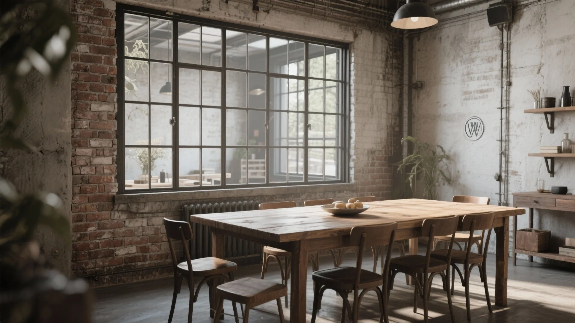 Industrial dining area featuring a large window with black frames next to a wooden table