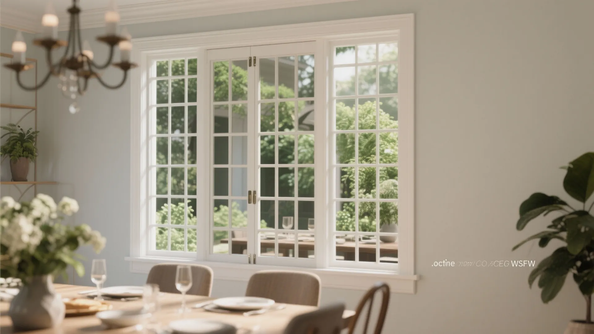 Bright dining room featuring white windowpane mirror on wall behind wooden table with chairs and plants