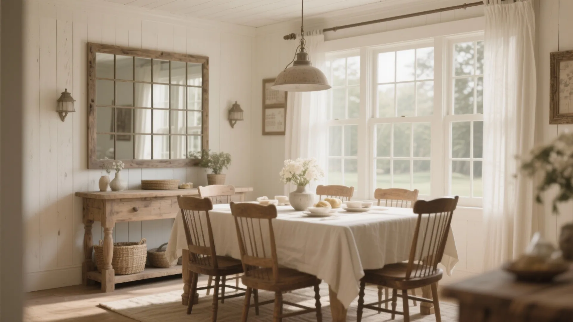 Rustic dining area with wooden table chairs large windowpane mirror and natural light from windows