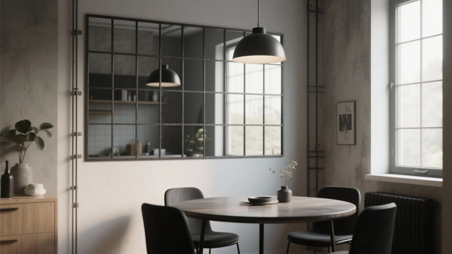 Windowpane-style mirror adding brightness and structure to dining room