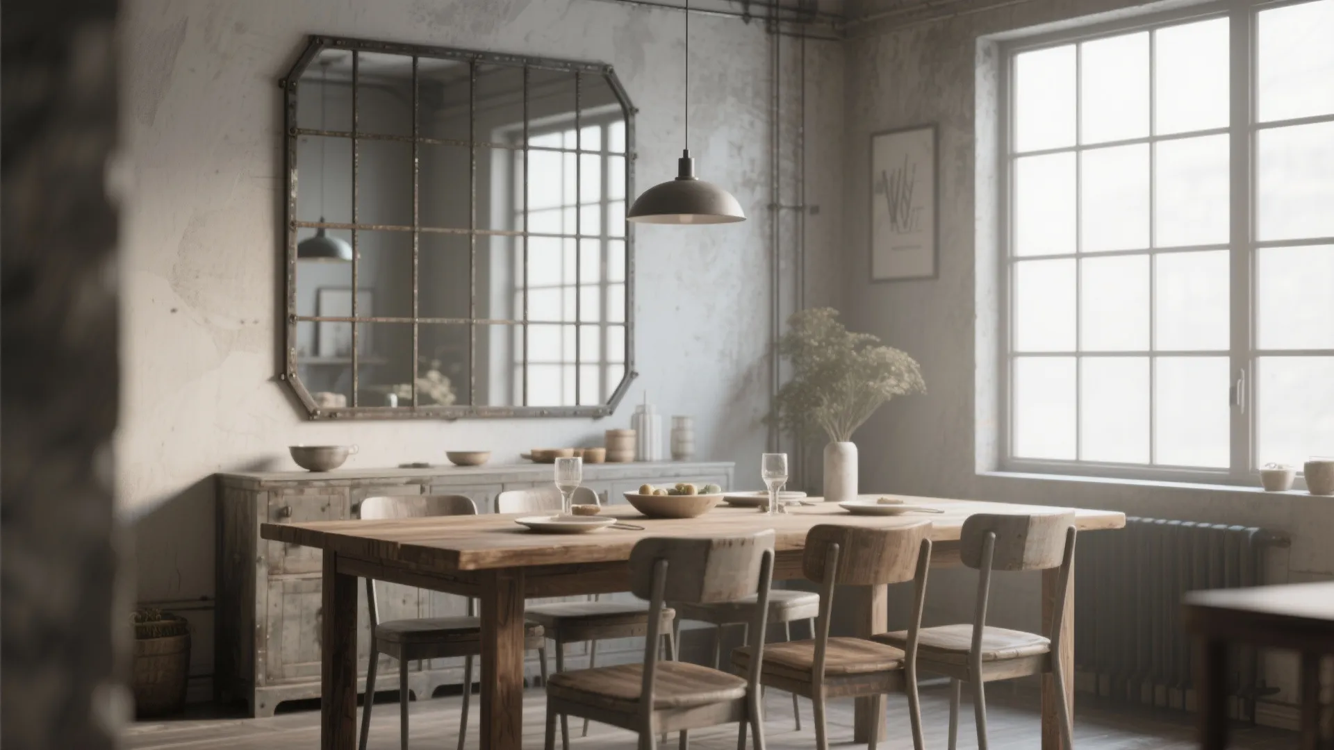 Industrial dining room featuring a large windowpane wall mirror above a rustic wooden table and chairs