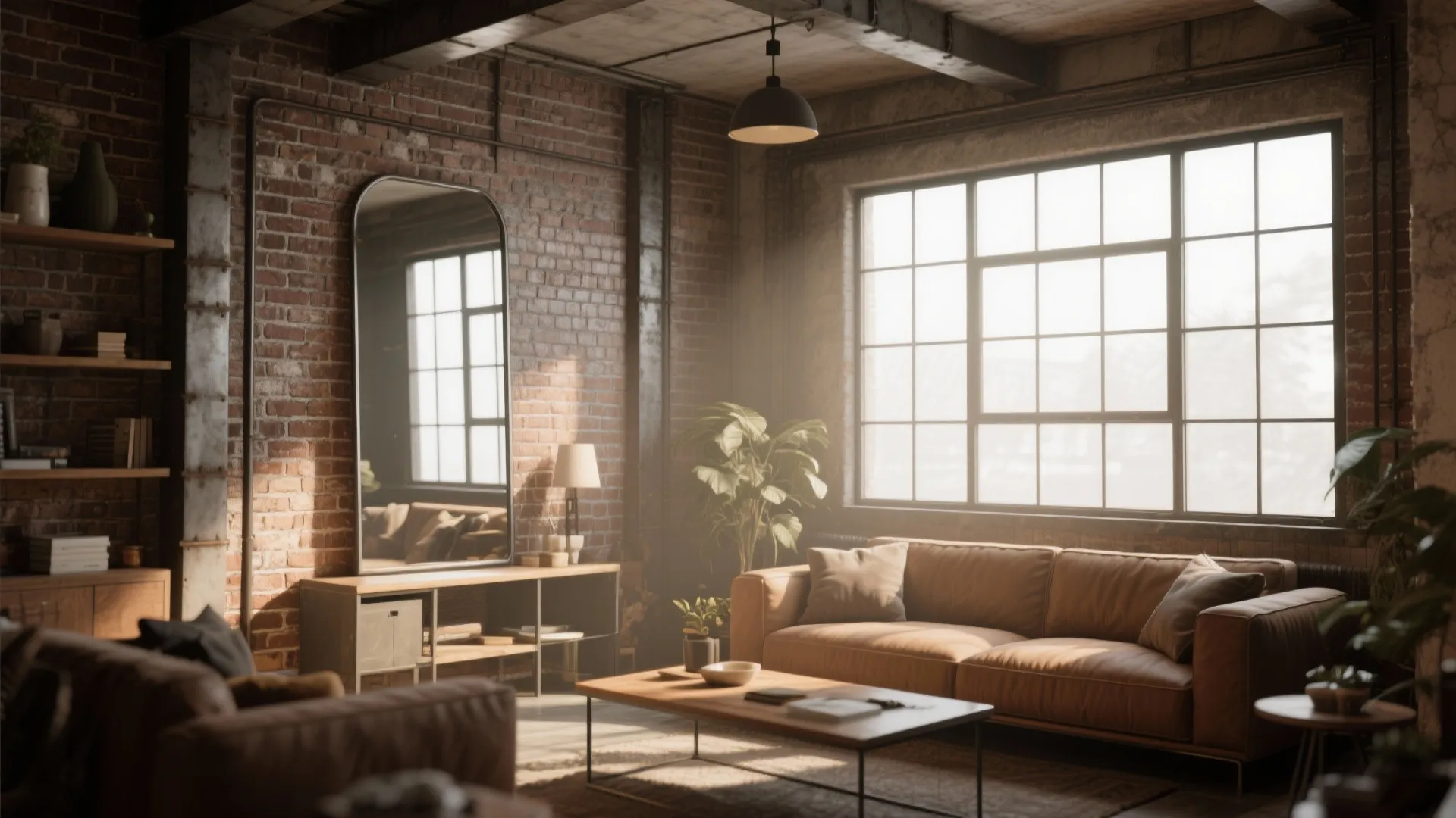 Industrial loft living room with windowpane mirror