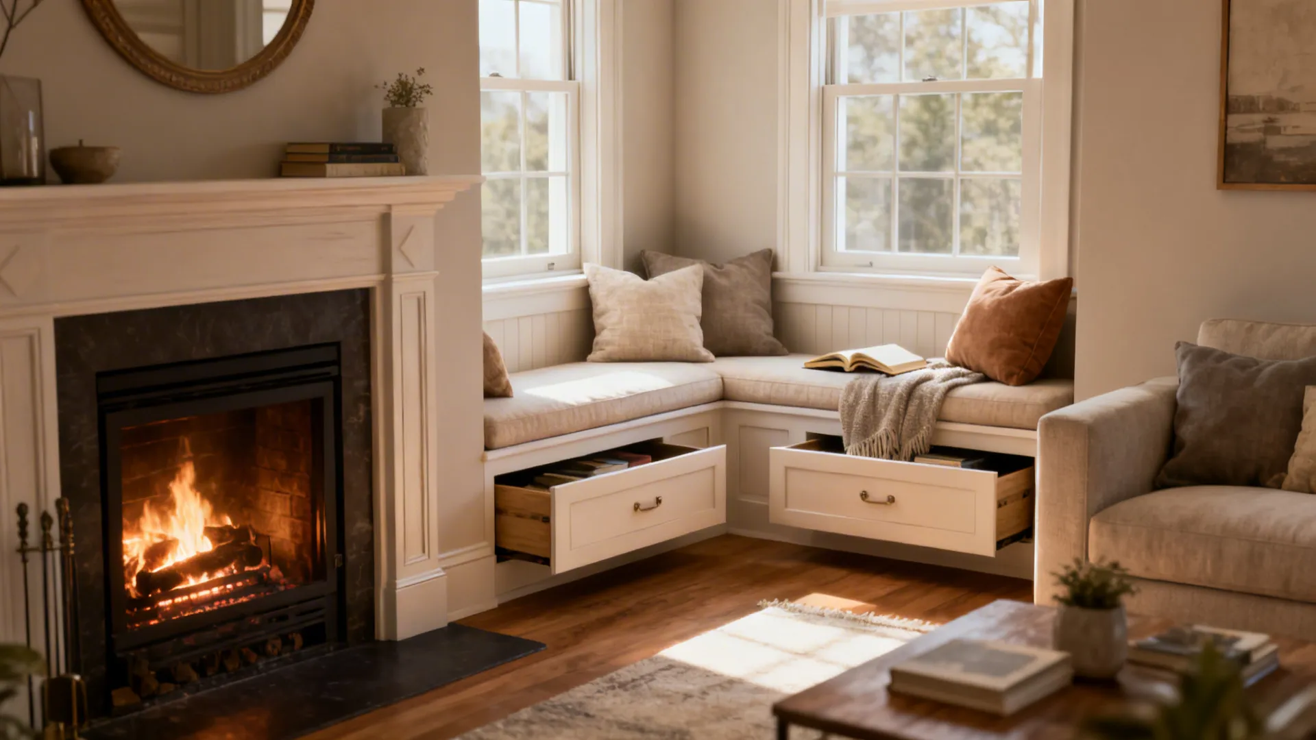 Cozy living room with fireplace corner window seat with open storage drawers cushions and sofa