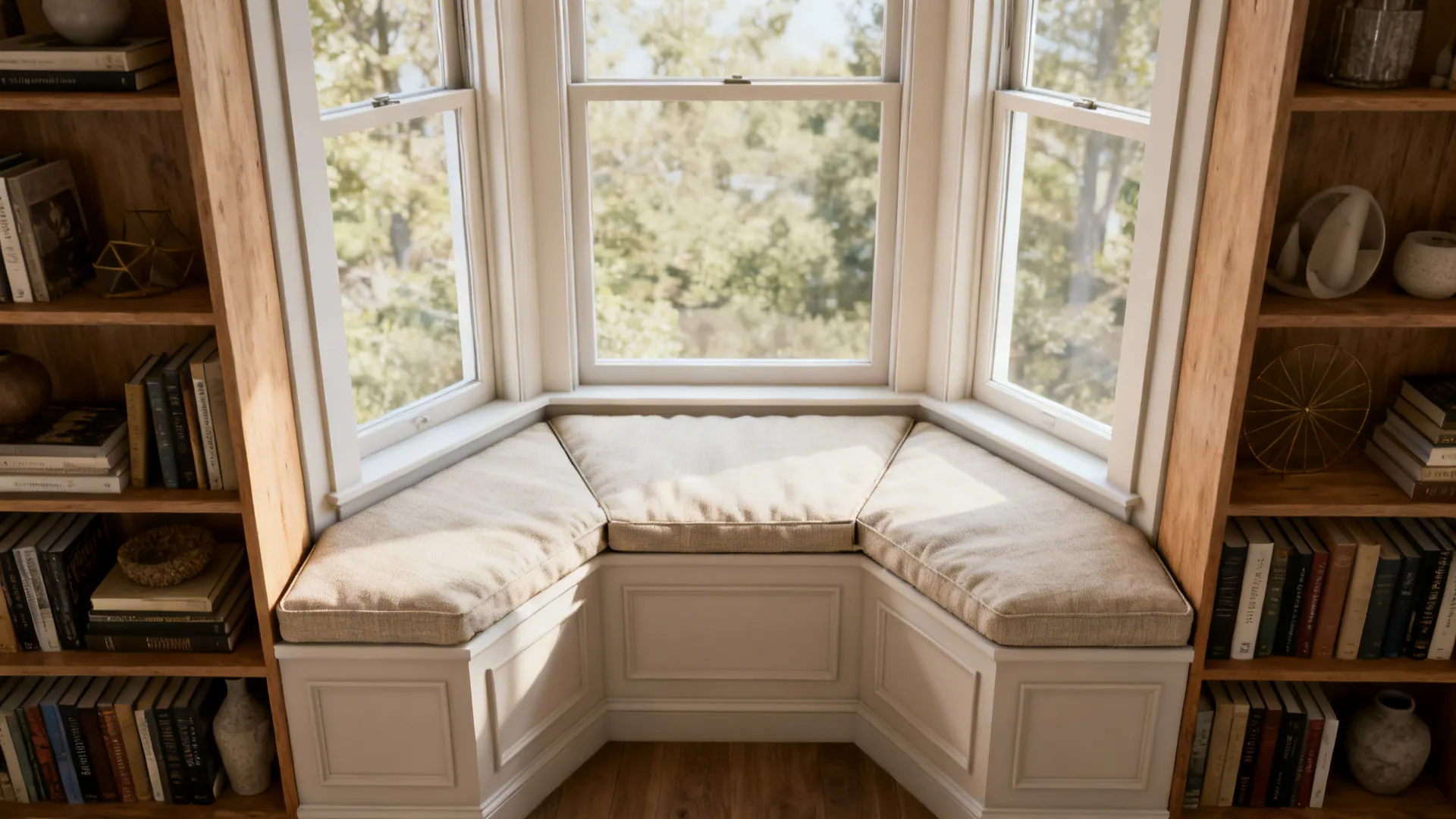 Bay window reading nook with cushioned window seat and built-in shelving filled with books.