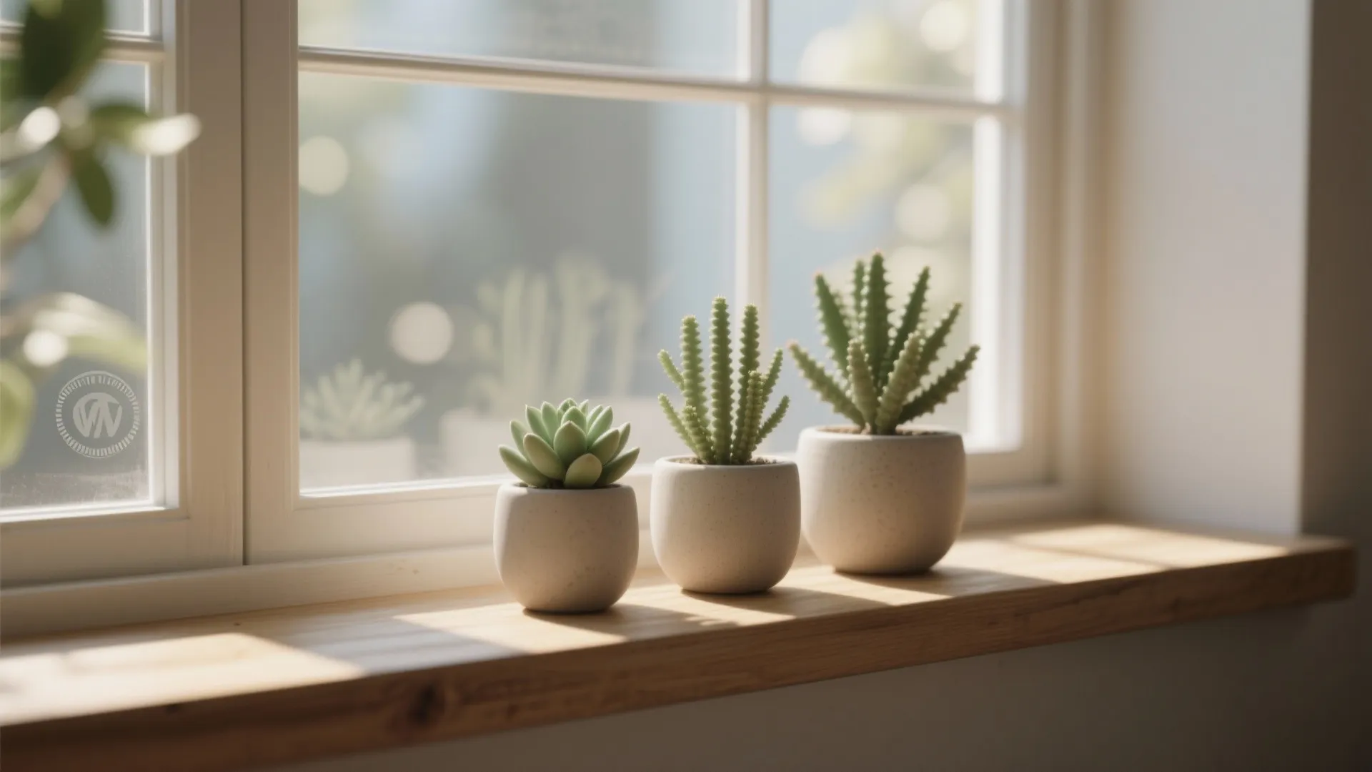 Three small green plants in white pots sitting on a wooden window sill in sunlight