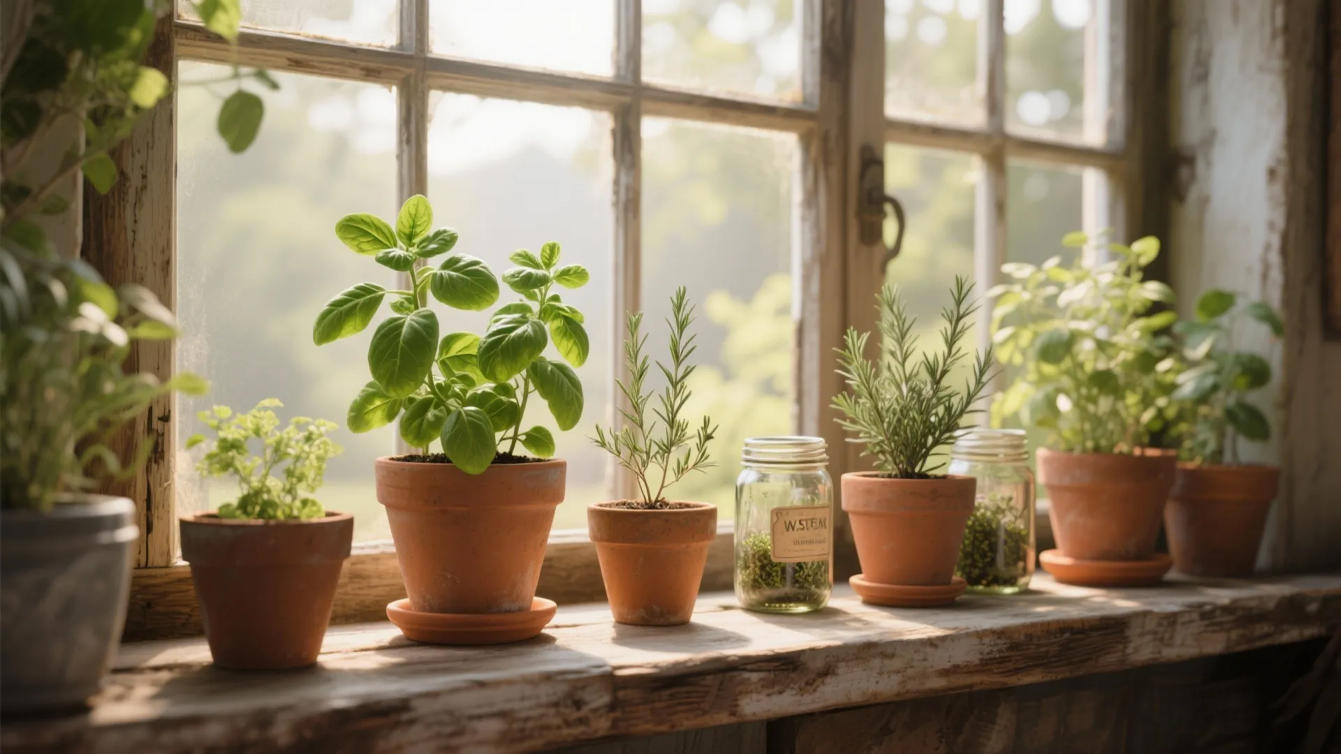 Herbs growing on a sunlit cottage kitchen windowsill