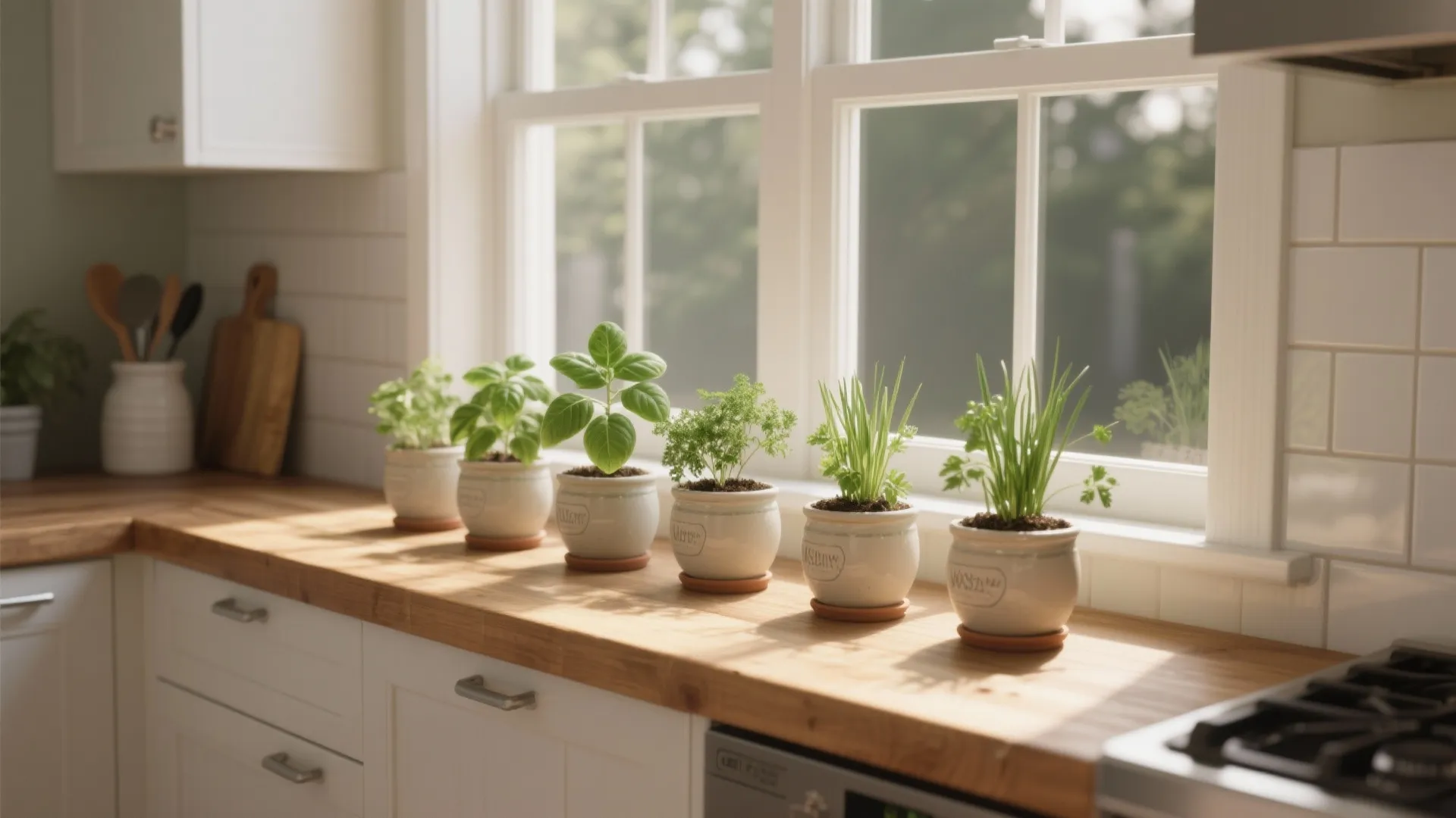 Six small white pots with green herbs sitting on a wood kitchen counter by window