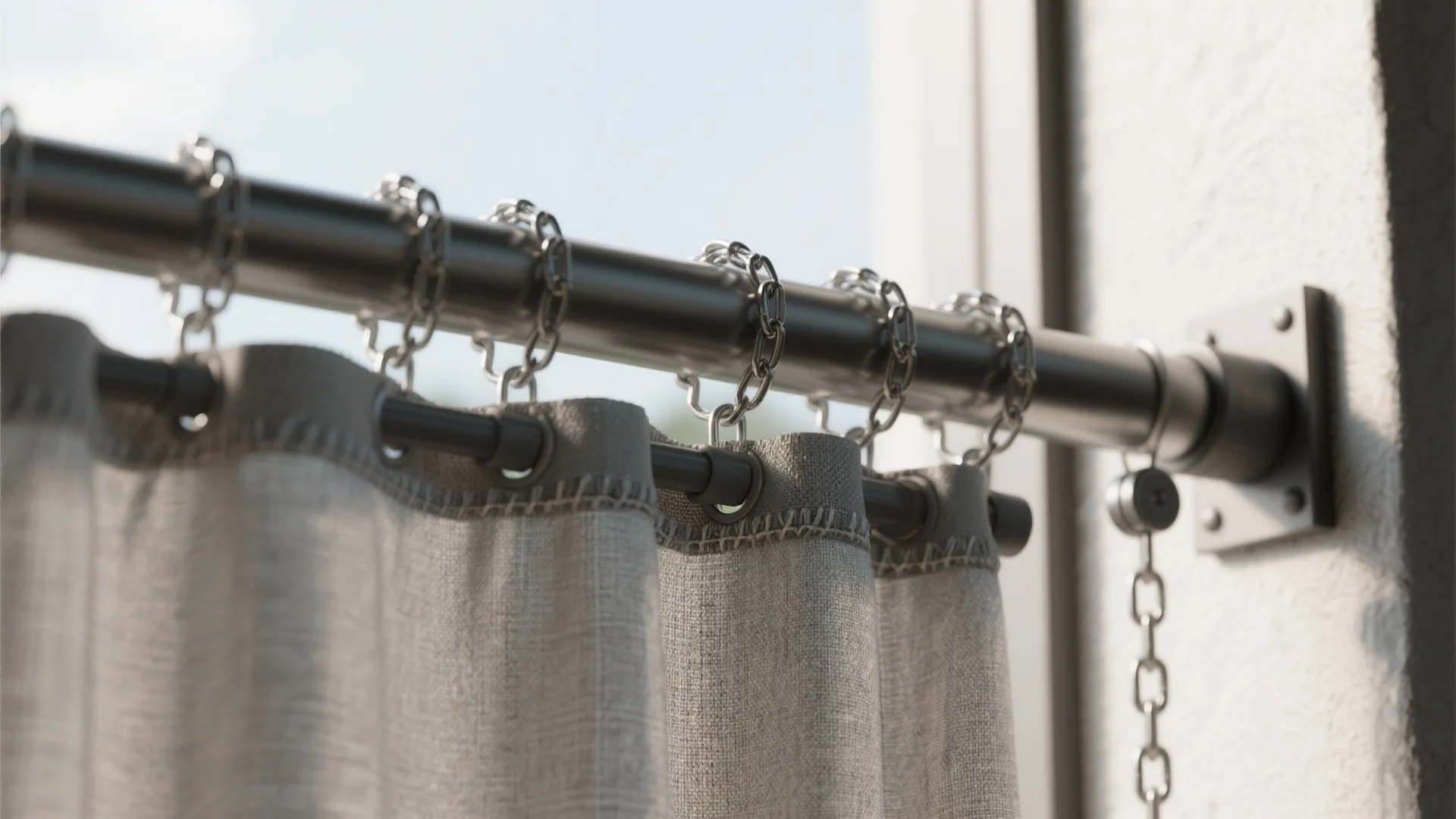 Macro of a balcony curtain weighted hem with chain, silicone-coated bar weight, and magnetic side tab on a metal rail.
