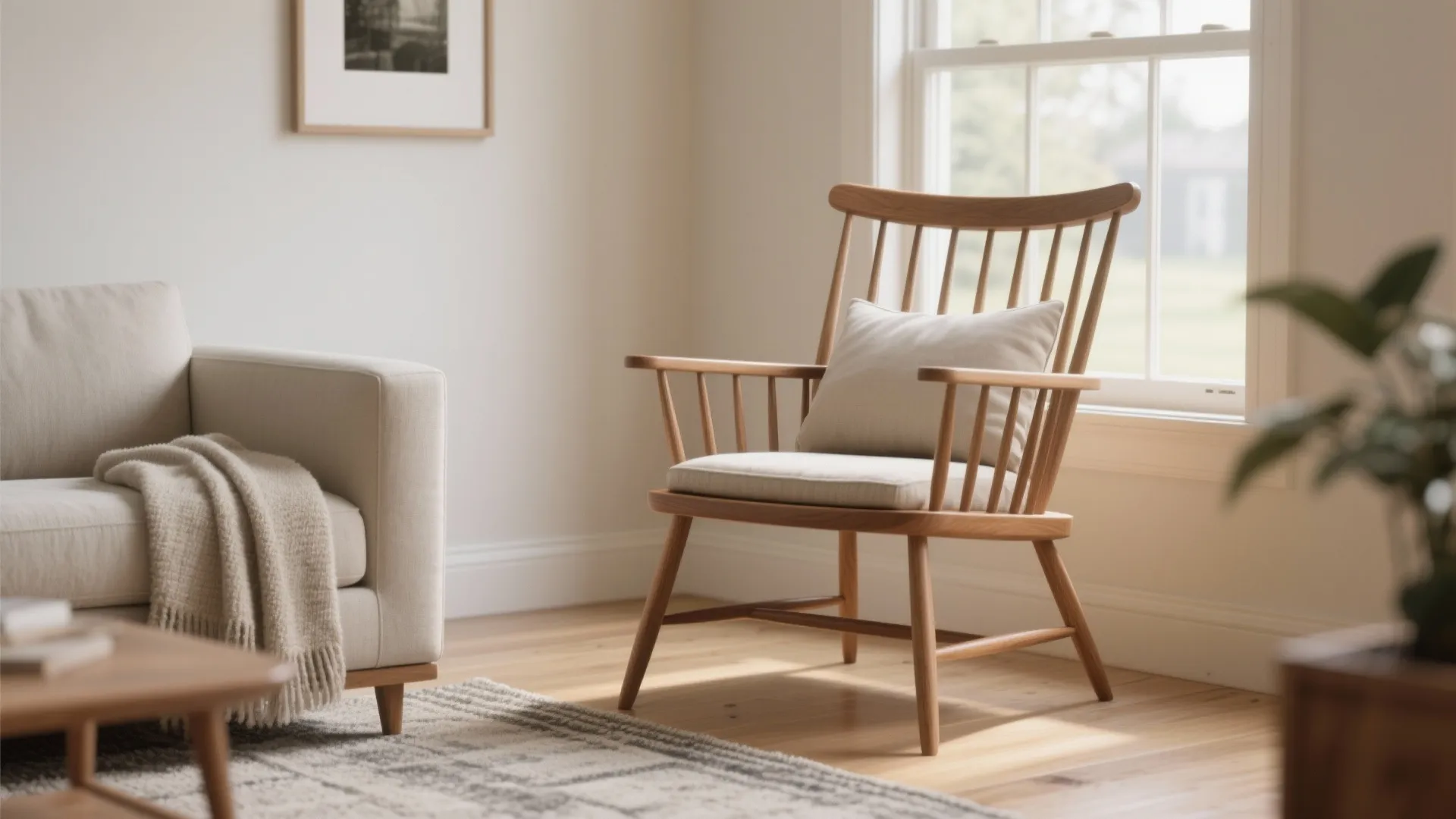 Modern Windsor wooden chair by a window with a wool throw and low-pile rug.