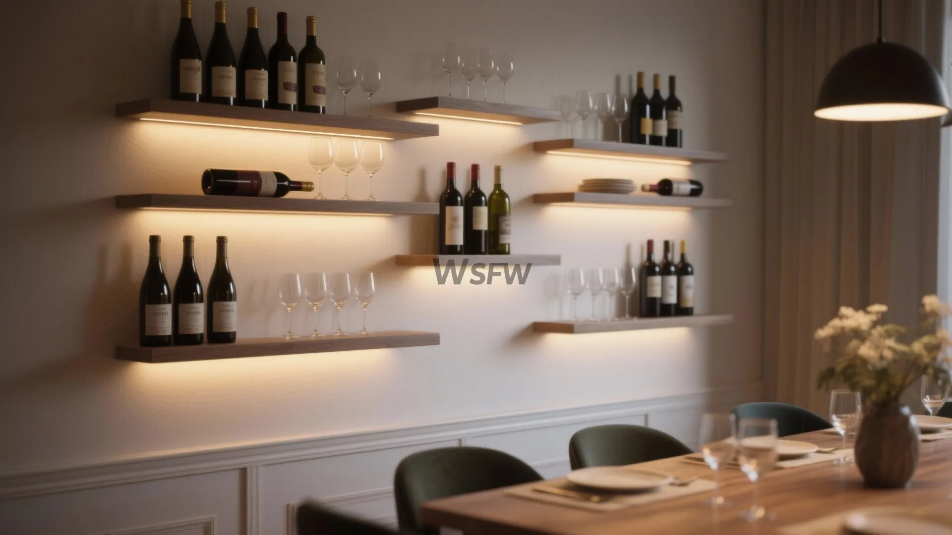 Dining room wall with glowing wooden shelves displaying wine bottles and glass cups beside table