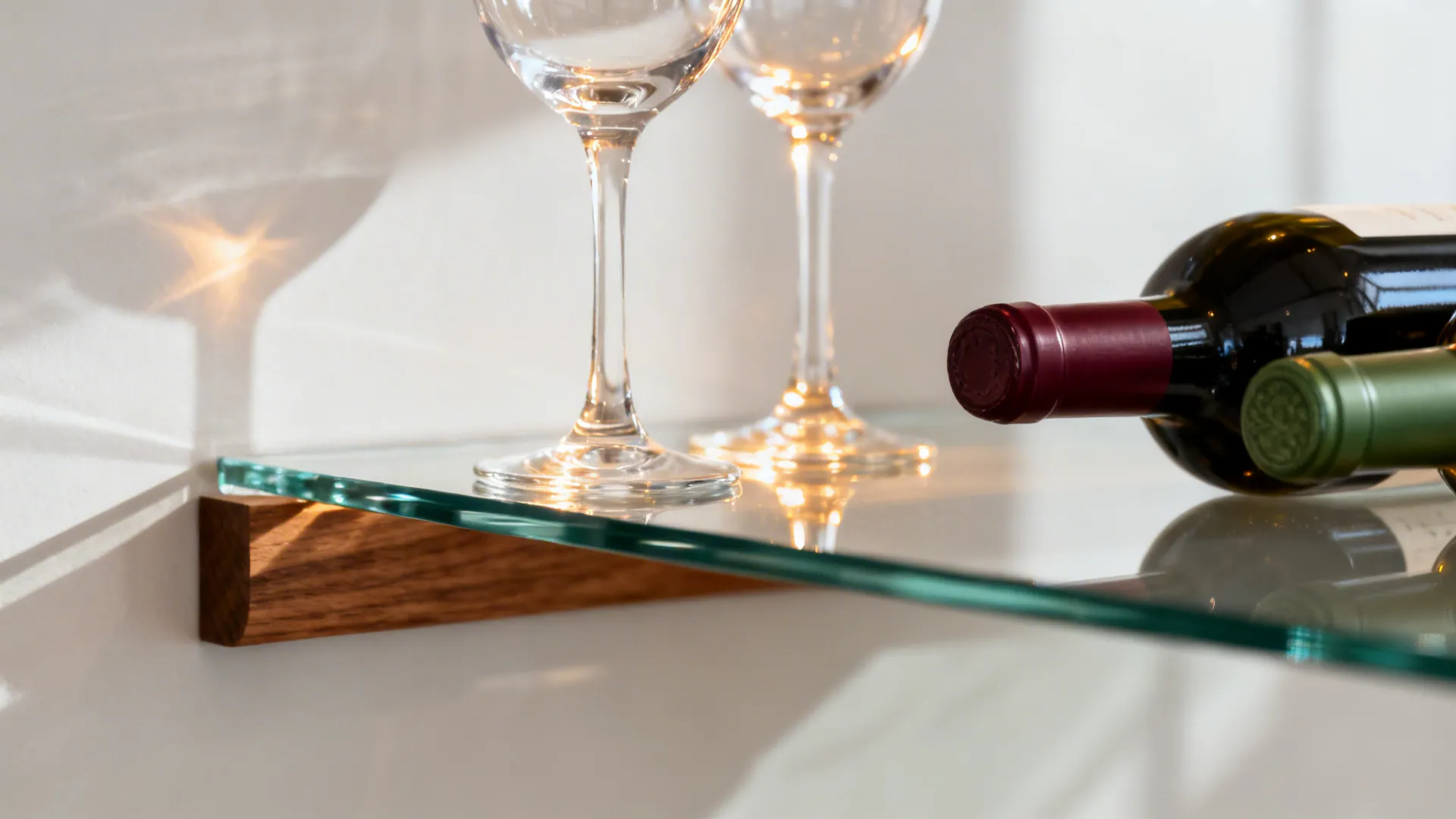 Macro of low-iron glass shelf and oak bracket with stemware and wine bottle necks.