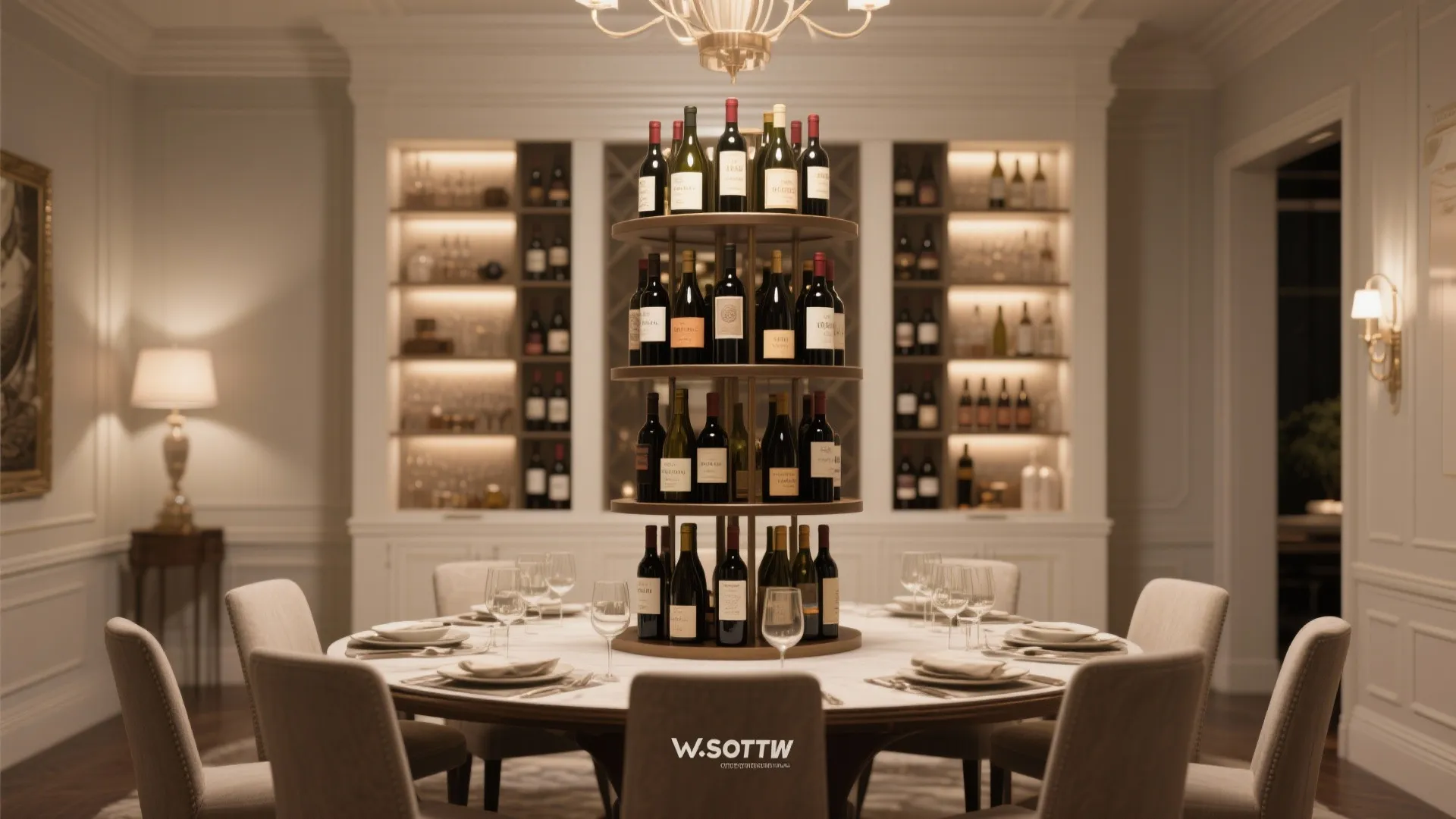 Prominent wine rack as a dining room focal point