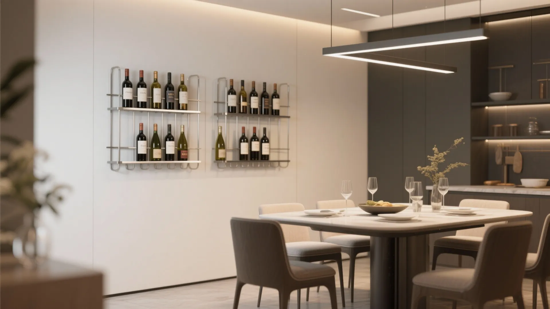 Modern dining room with wall mounted wine racks grey chairs white table and linear light fixture