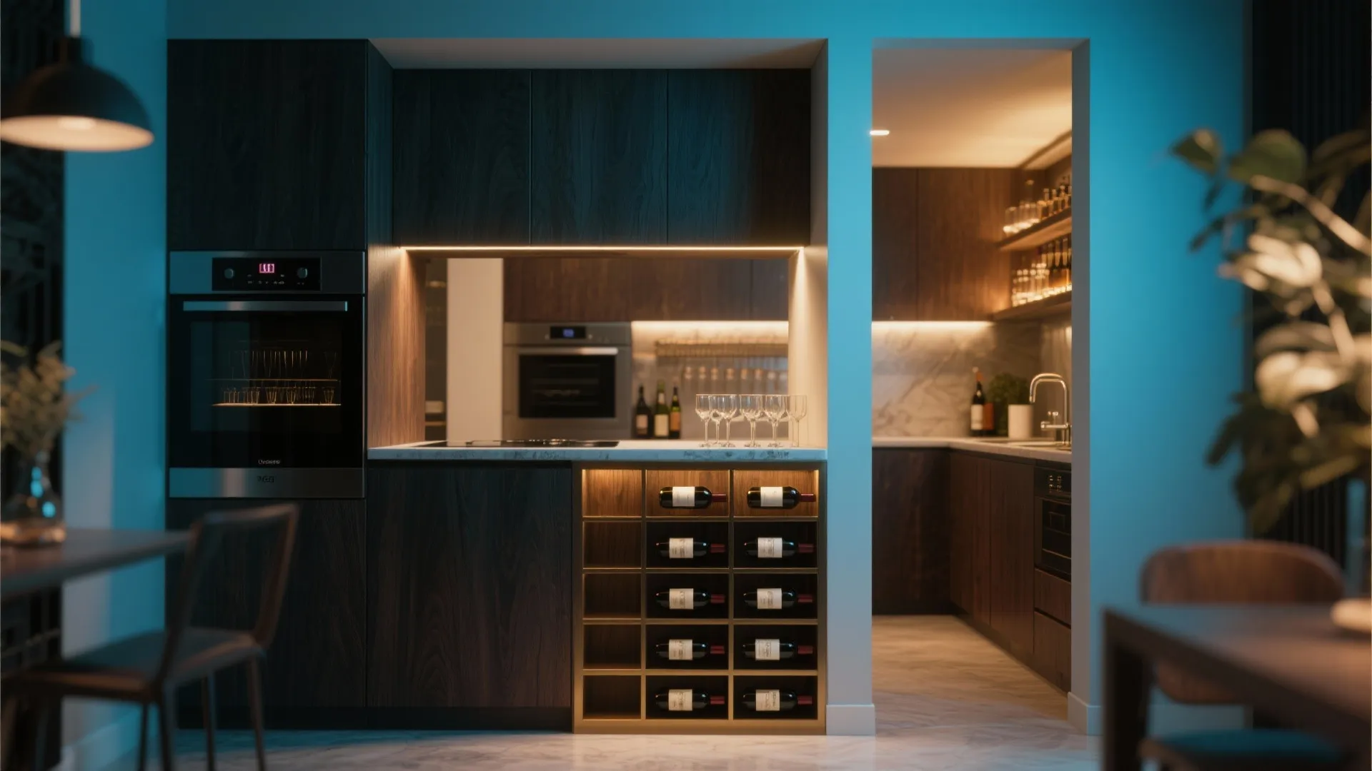 Dark wood kitchen cabinet with built in wine rack and marble counter under warm lights